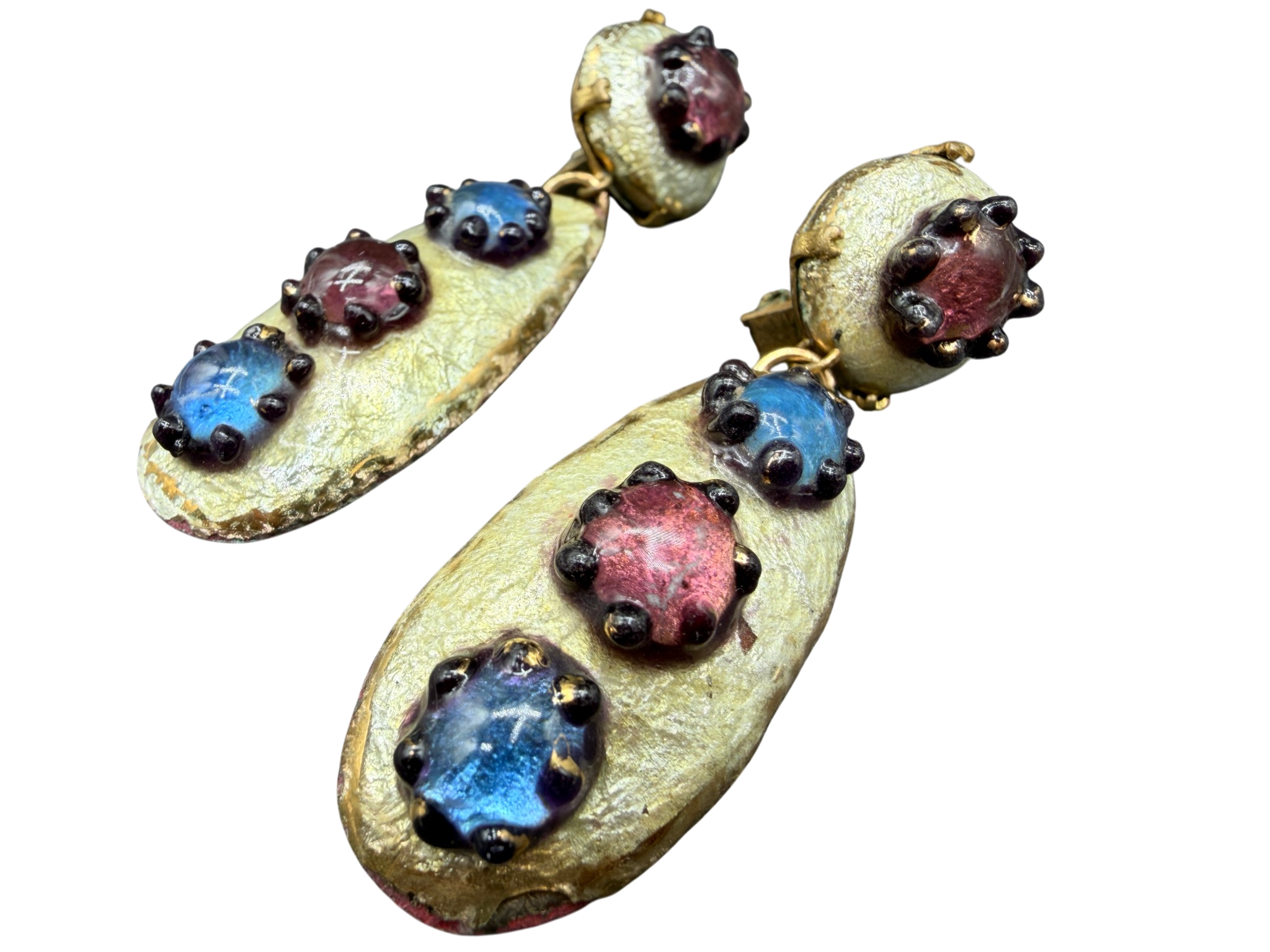 Rare 1950s Andrée Bazot Enamel & Porcelain Drop Earrings with Blue & Purple Cabochons