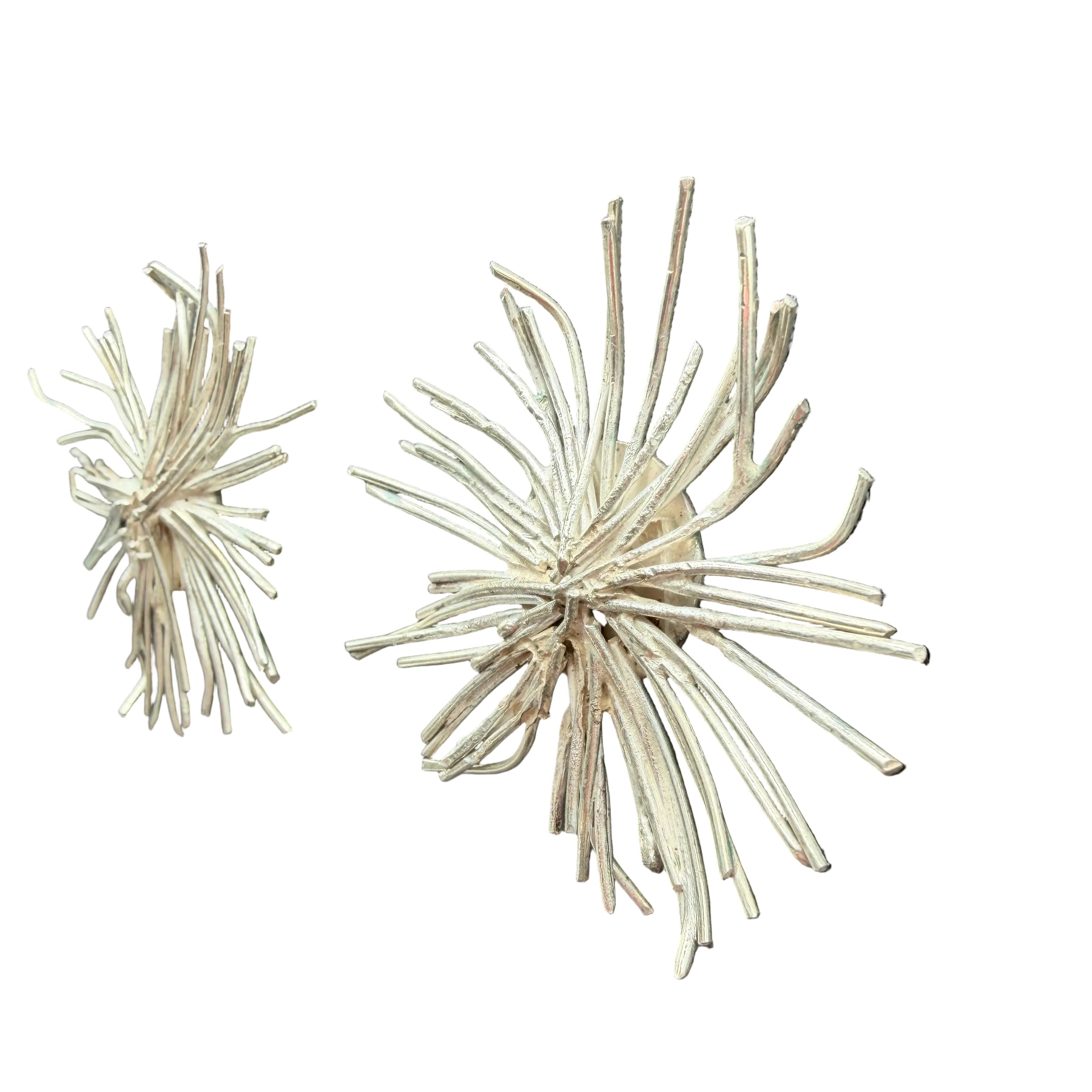 1970s Brutalist Sterling Silver Wire Starburst Statement Clip Earrings