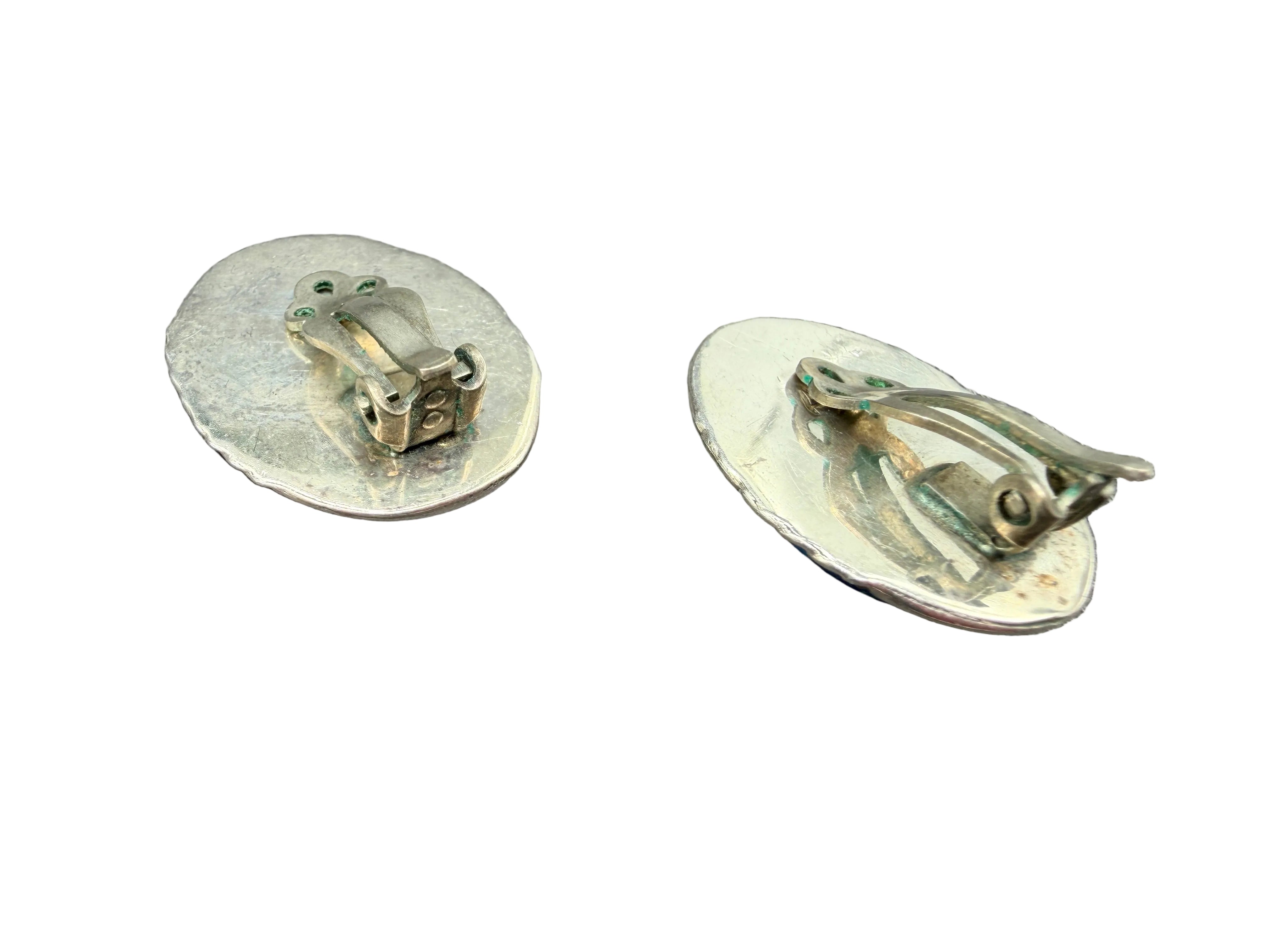 1960s AB Navajo Sterling Silver Concho Clip Earrings with Lapis