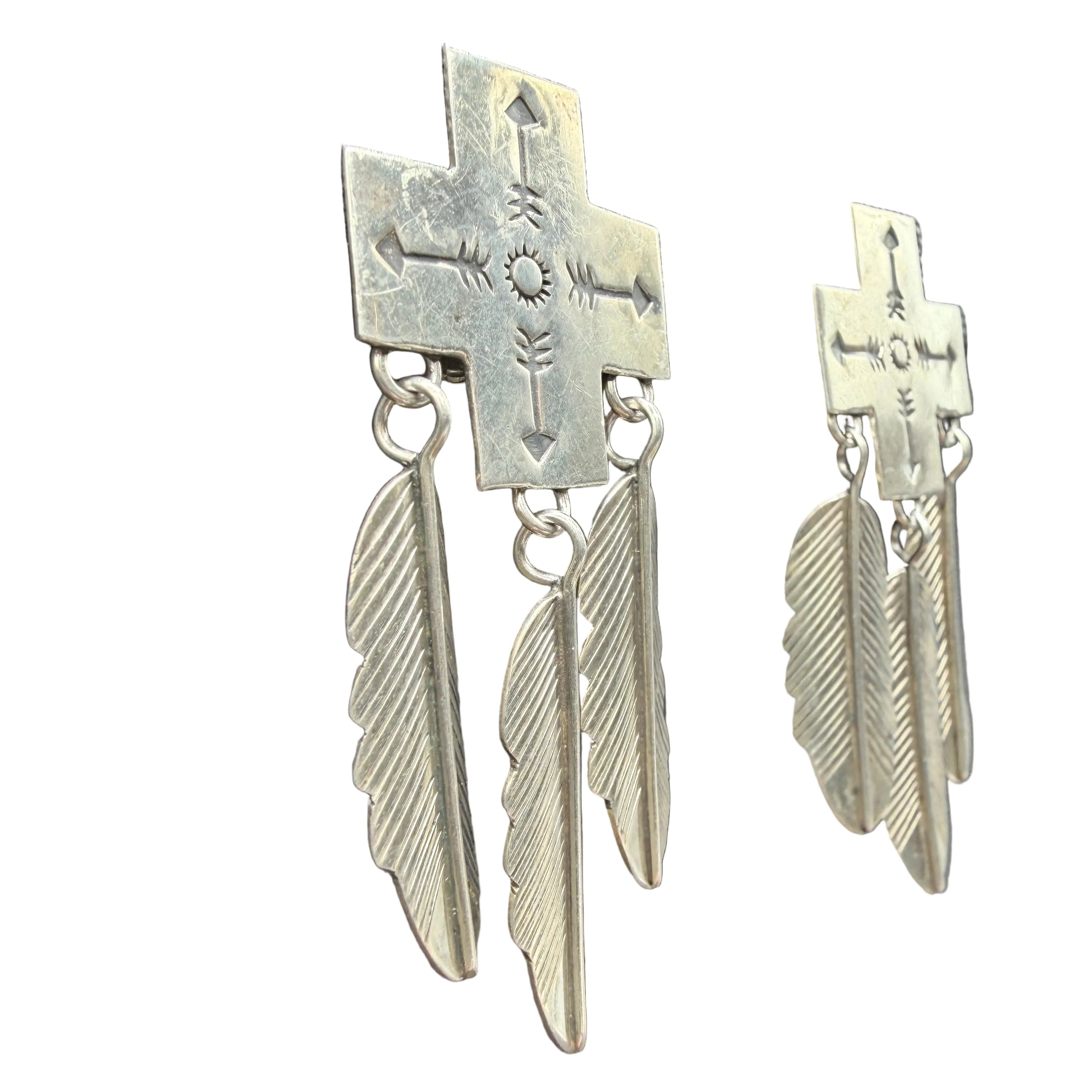 Authentic Navajo sterling earrings with hanging feathers