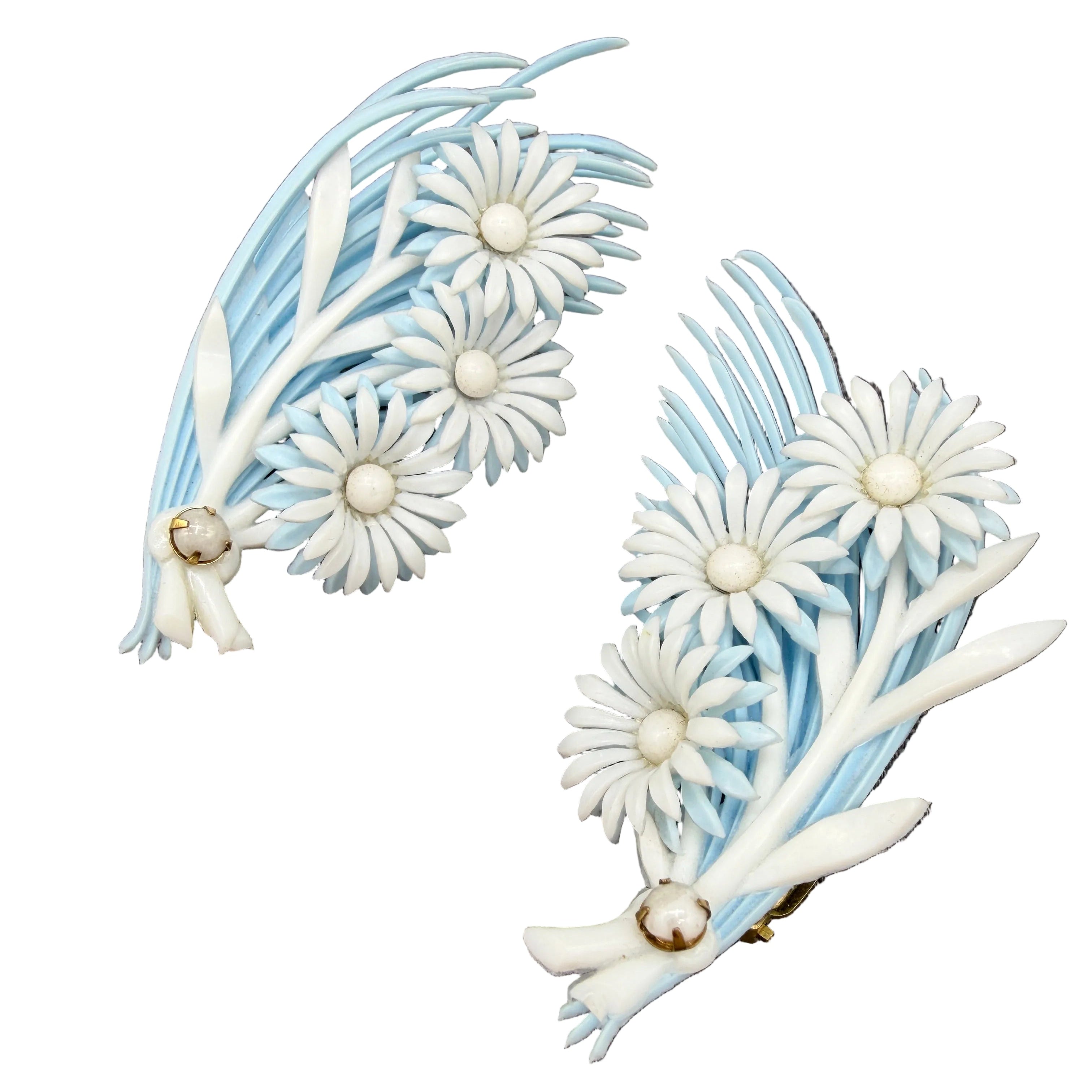 1950s Pale Blue & White Floral Bouquet Ear Climber Clip Earrings