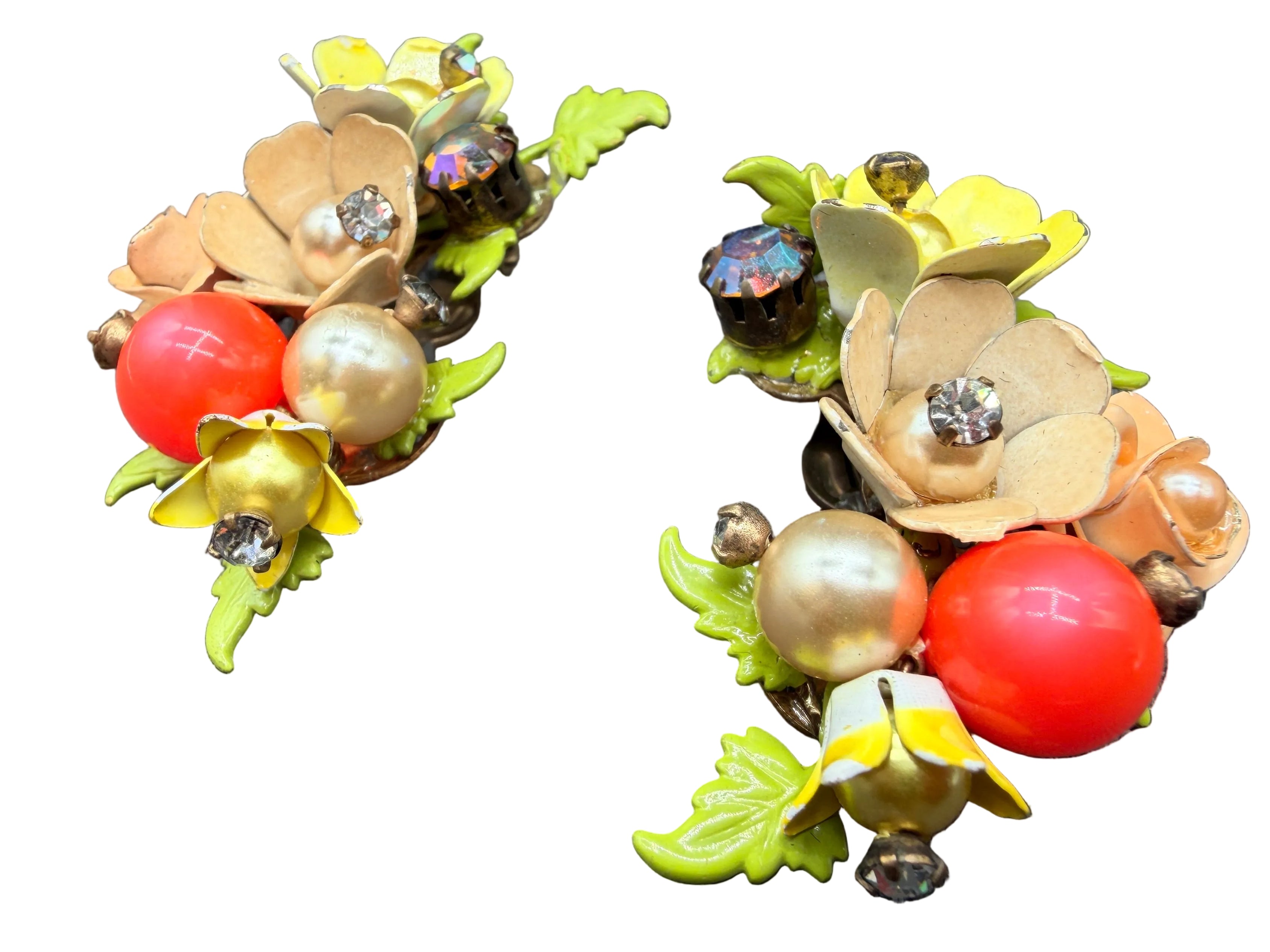 1940s Metal Mini Floral Bouquet Ear Climber Clip-On Earrings
