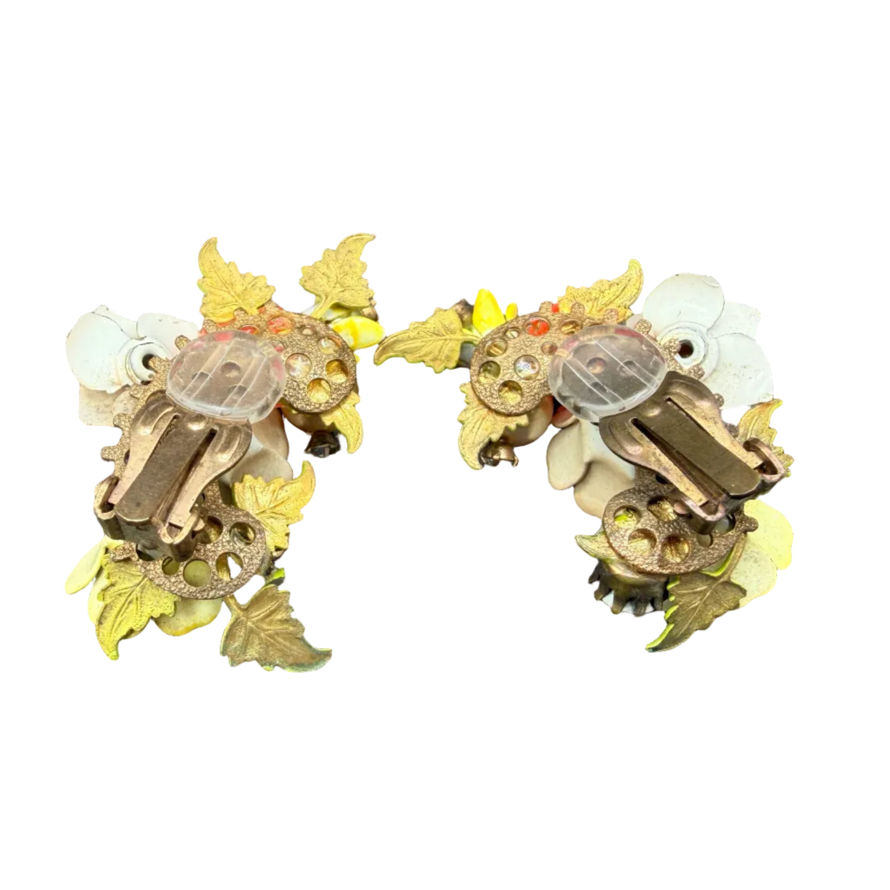 1940s Metal Mini Floral Bouquet Ear Climber Clip-On Earrings