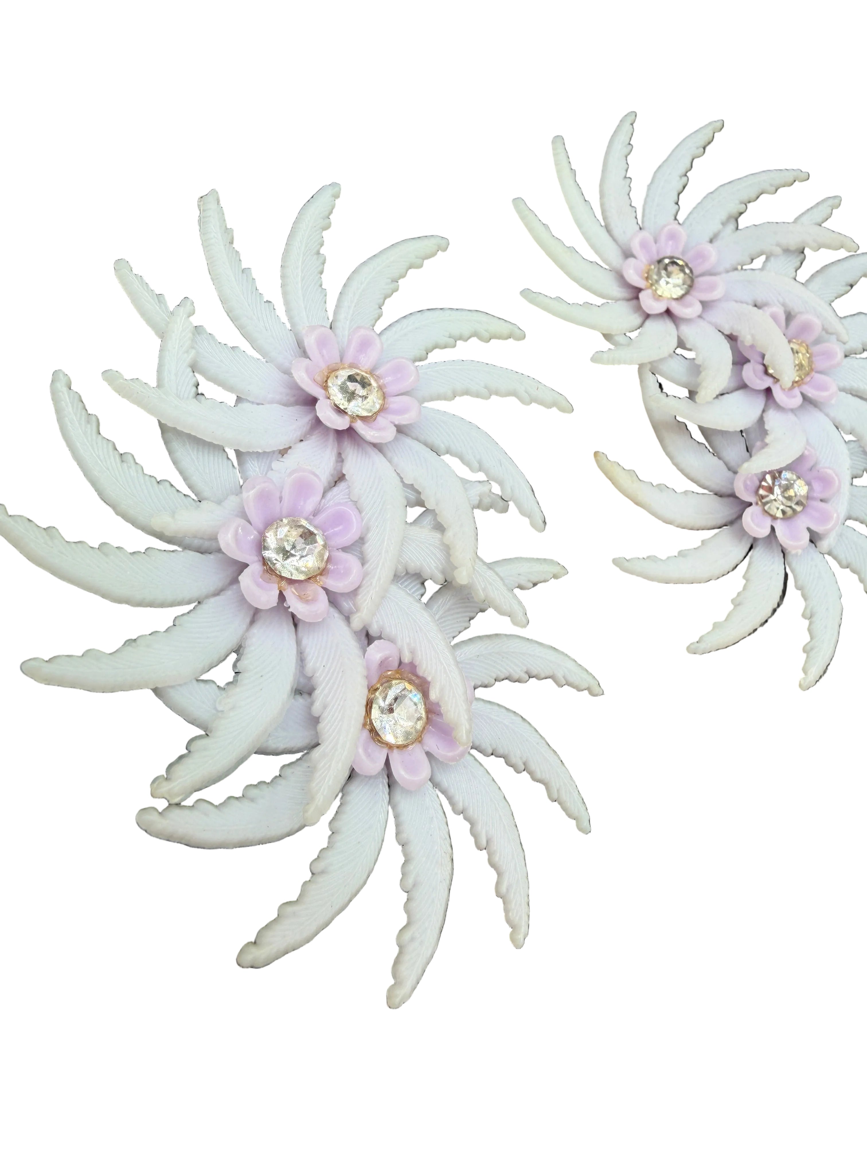 1950s Lavender Plastic Triple Floral Ear Climber Clip Earrings with Rhinestones