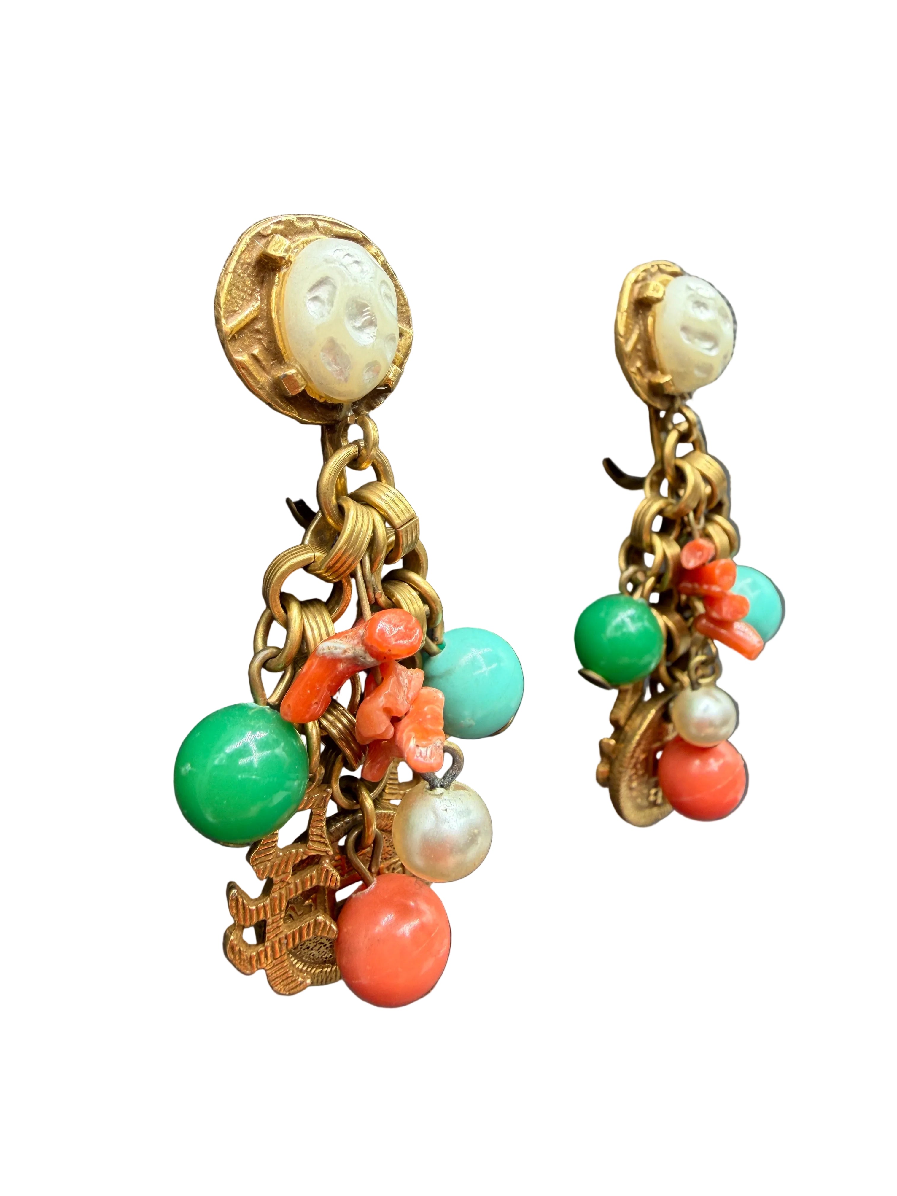 1960s Asian-Inspired Dangle Earrings with Faux Pearl, Coral & Charms