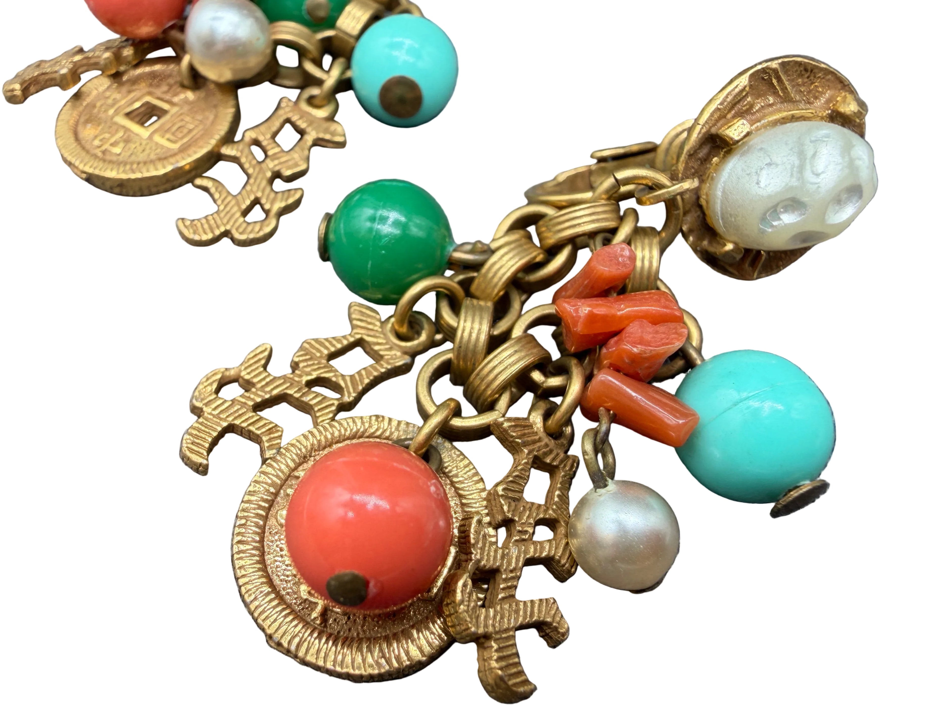 1960s Asian-Inspired Dangle Earrings with Faux Pearl, Coral & Charms