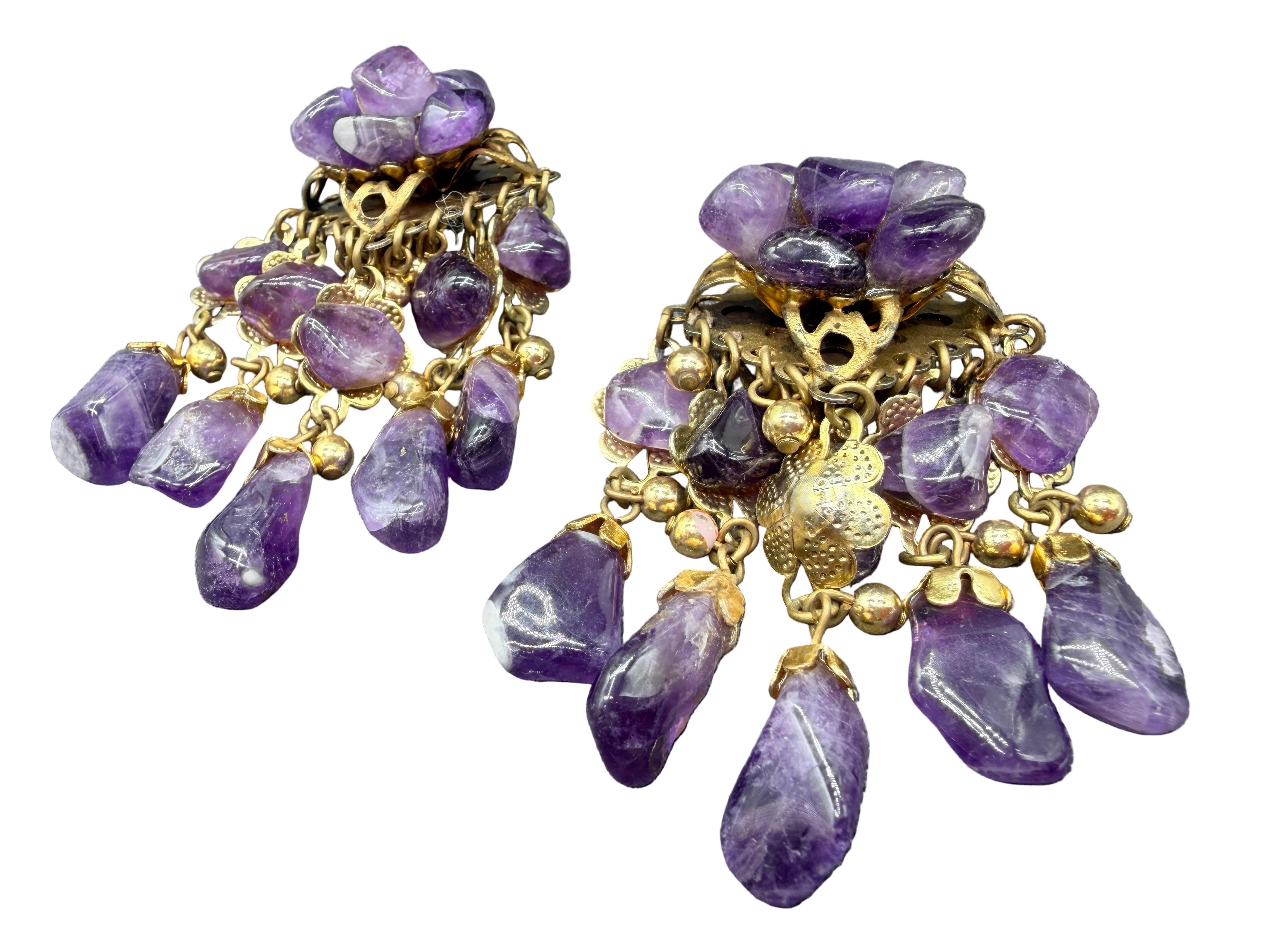 1980s Statement Gold-Tone Amethyst Rock Cluster & Dangle Earrings