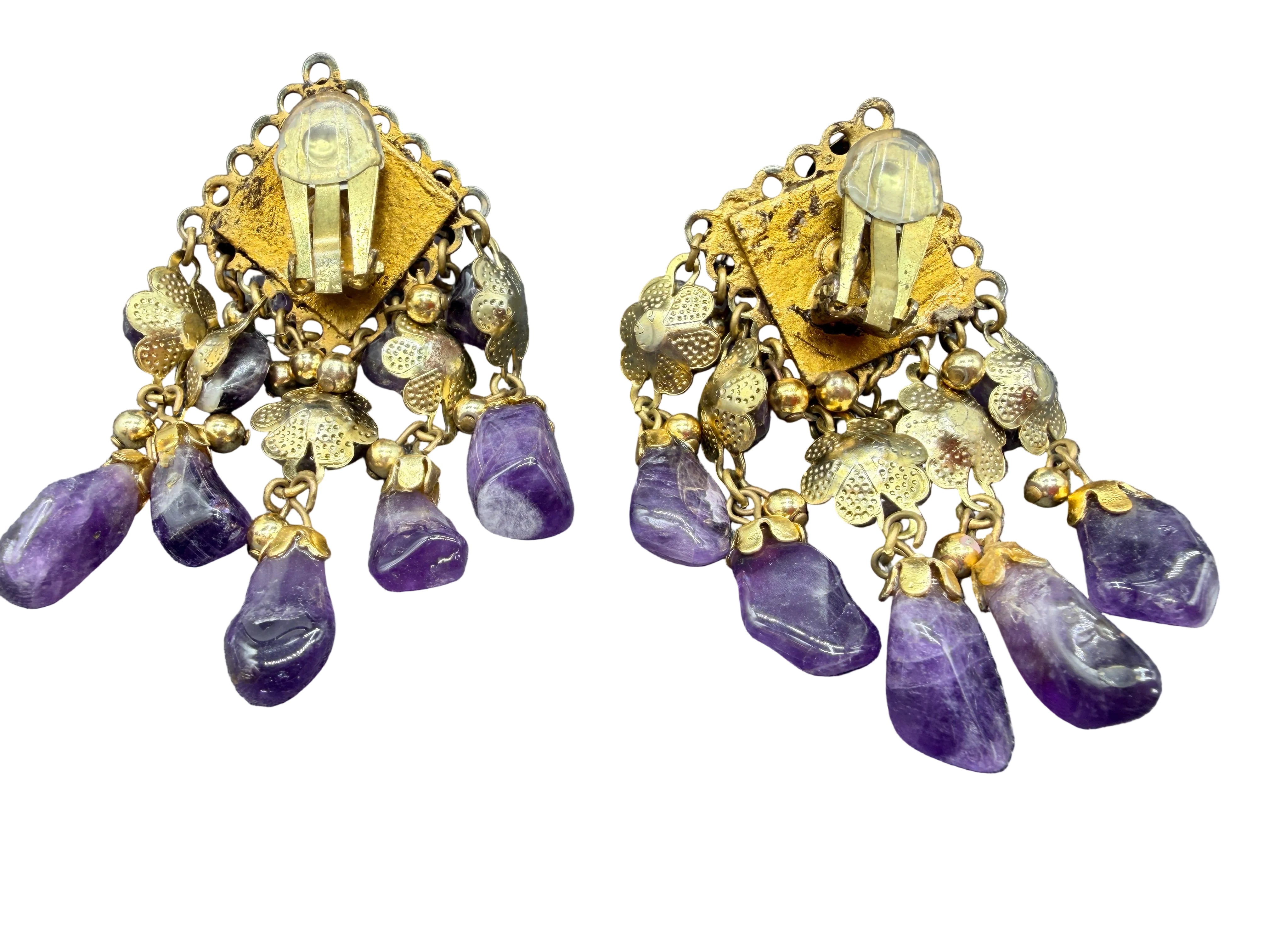 1980s Statement Gold-Tone Amethyst Rock Cluster & Dangle Earrings