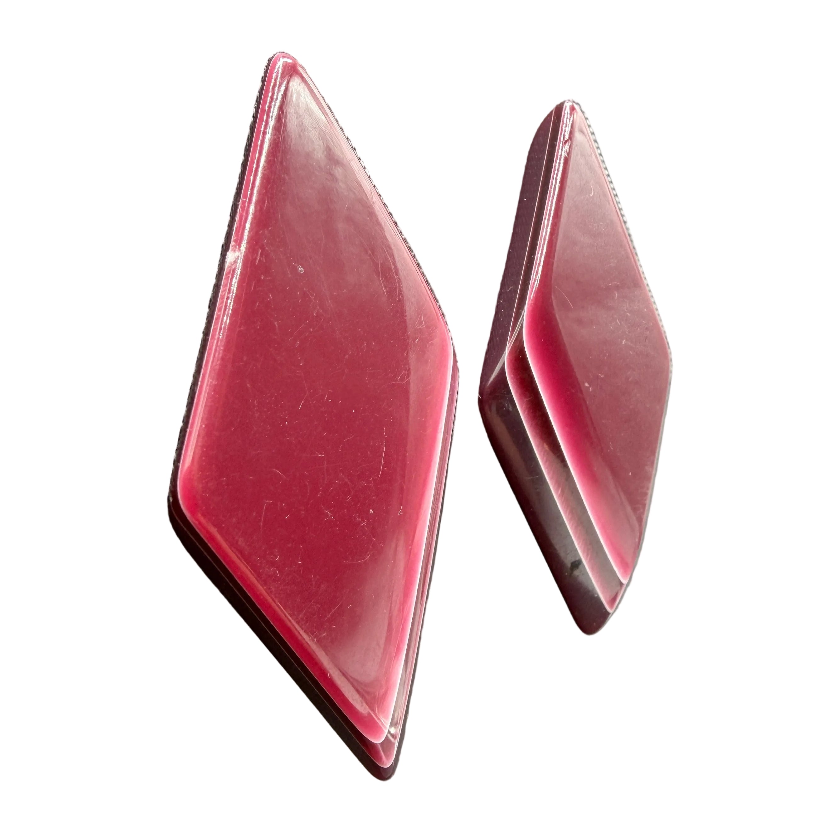 1960s Burgundy Lucite Diamond-Shaped Clip Earrings with Layered Edge