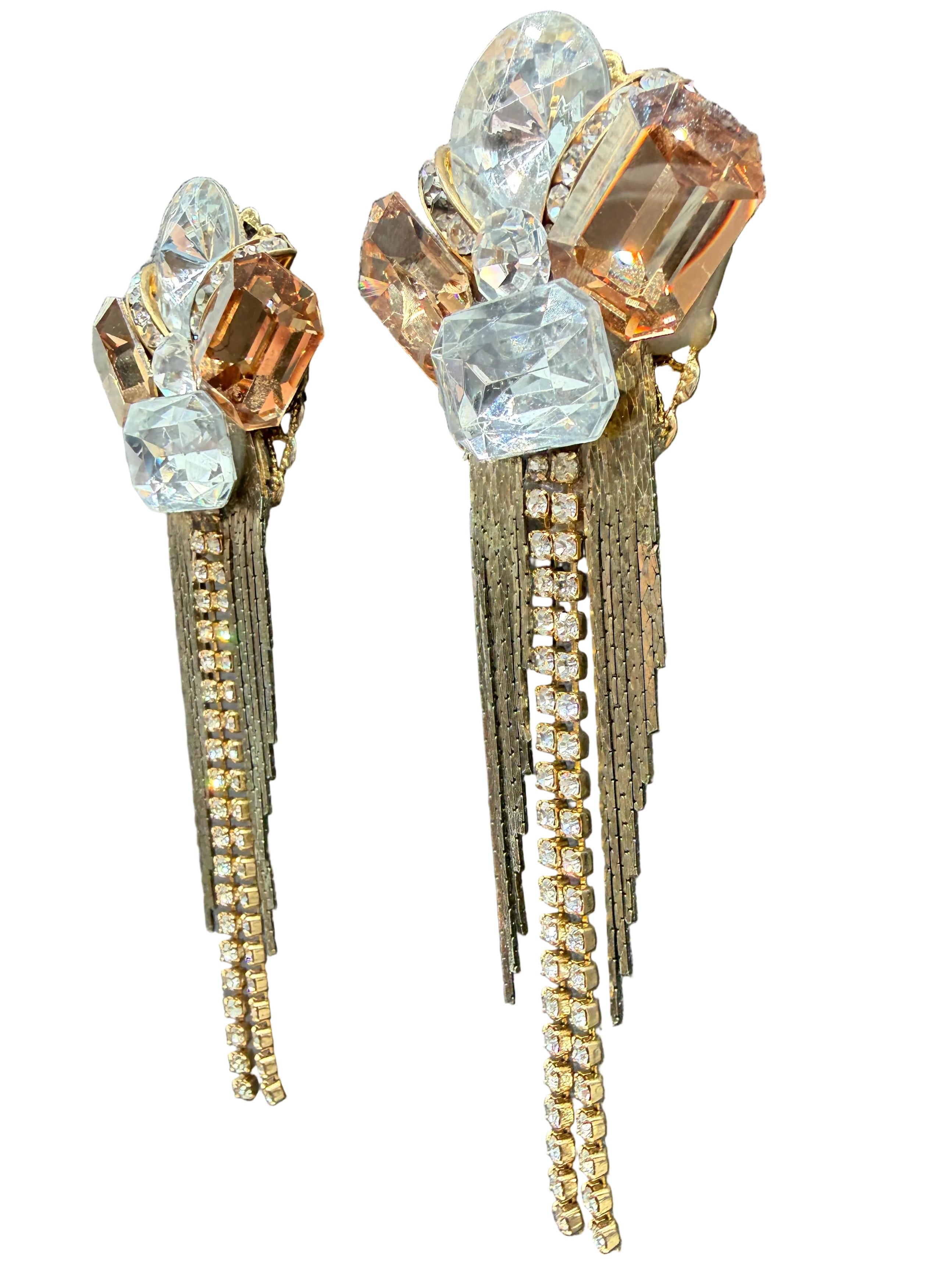 1980s Wendy Gell Rhinestone Cluster Clip Earrings with Chain Fringe