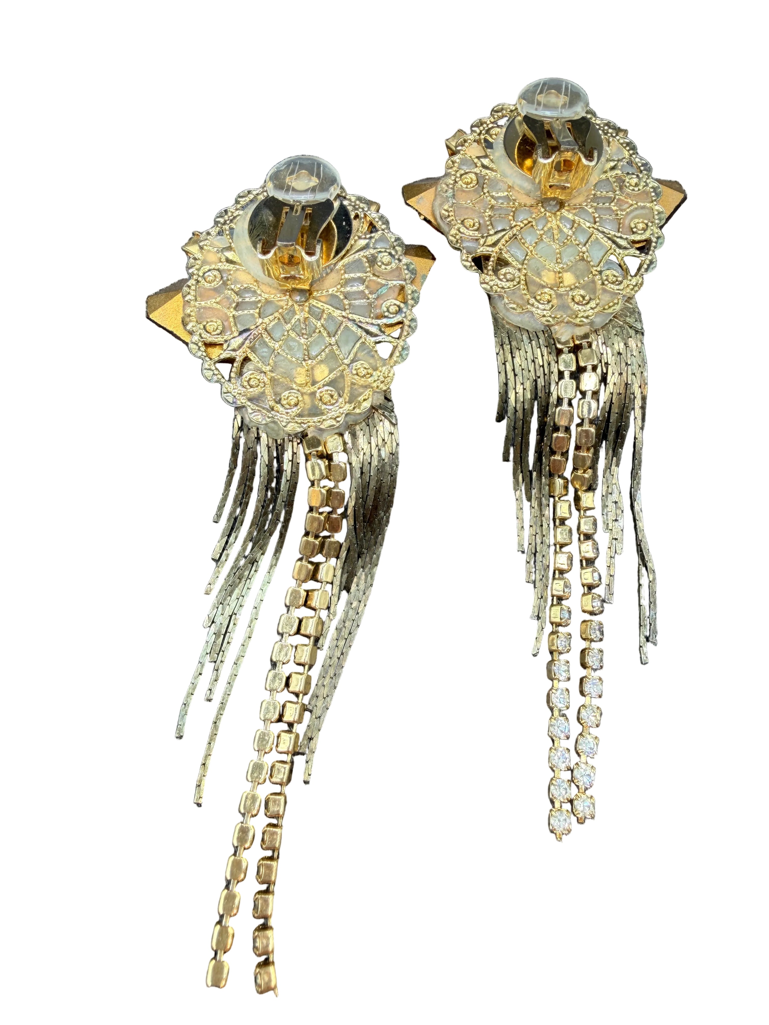 1980s Wendy Gell Rhinestone Cluster Clip Earrings with Chain Fringe