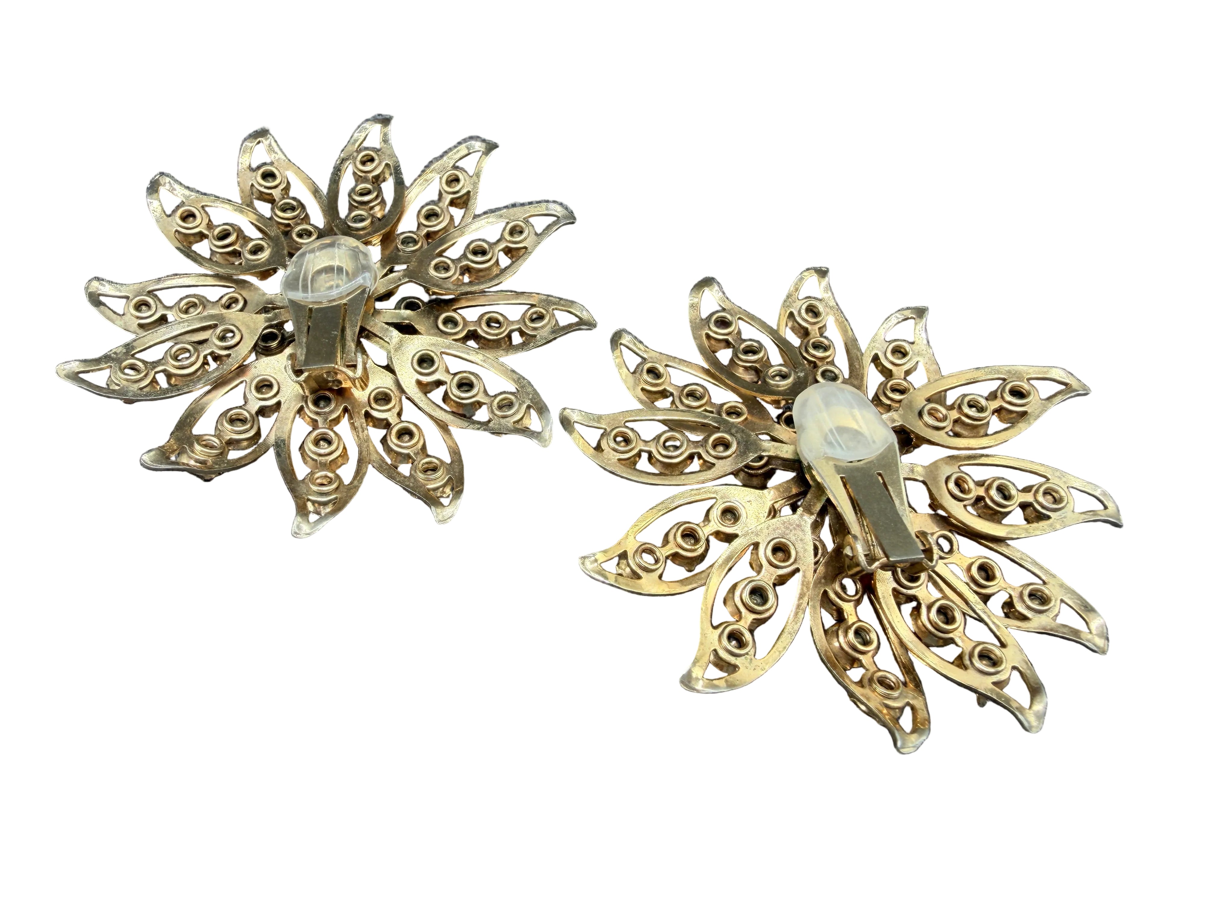1950s Openwork Starburst Floral Clip Earrings with Multicolor Rhinestones