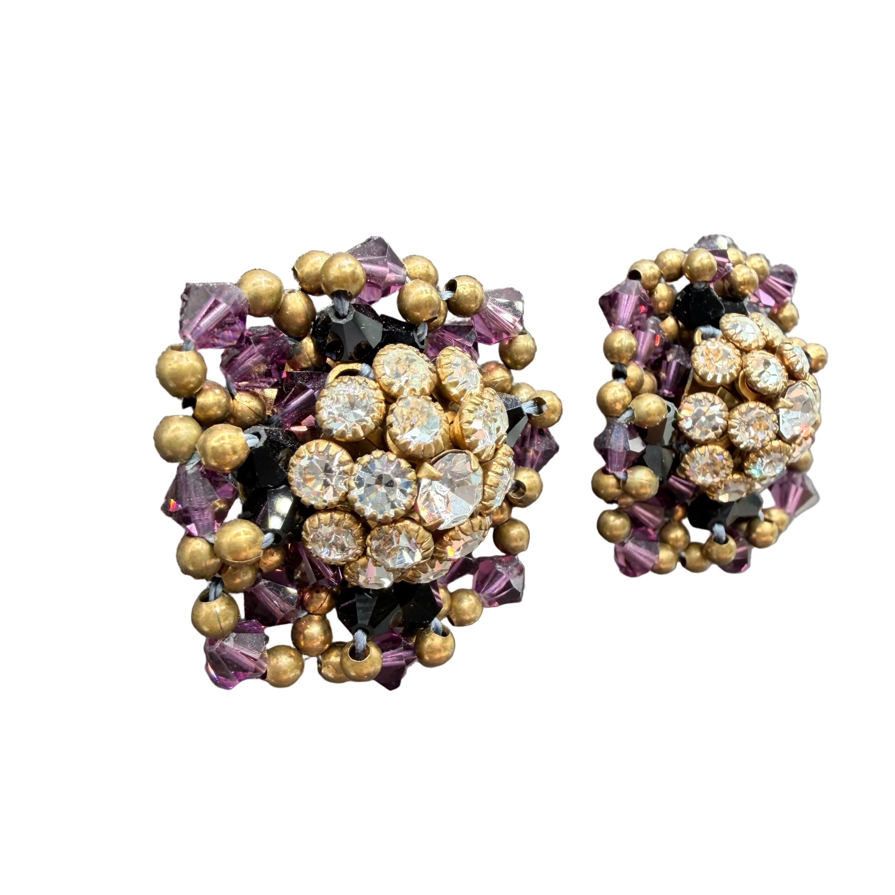 1950s Austrian Crystal & Brass Bead Woven Clip Earrings with Rhinestone Centers