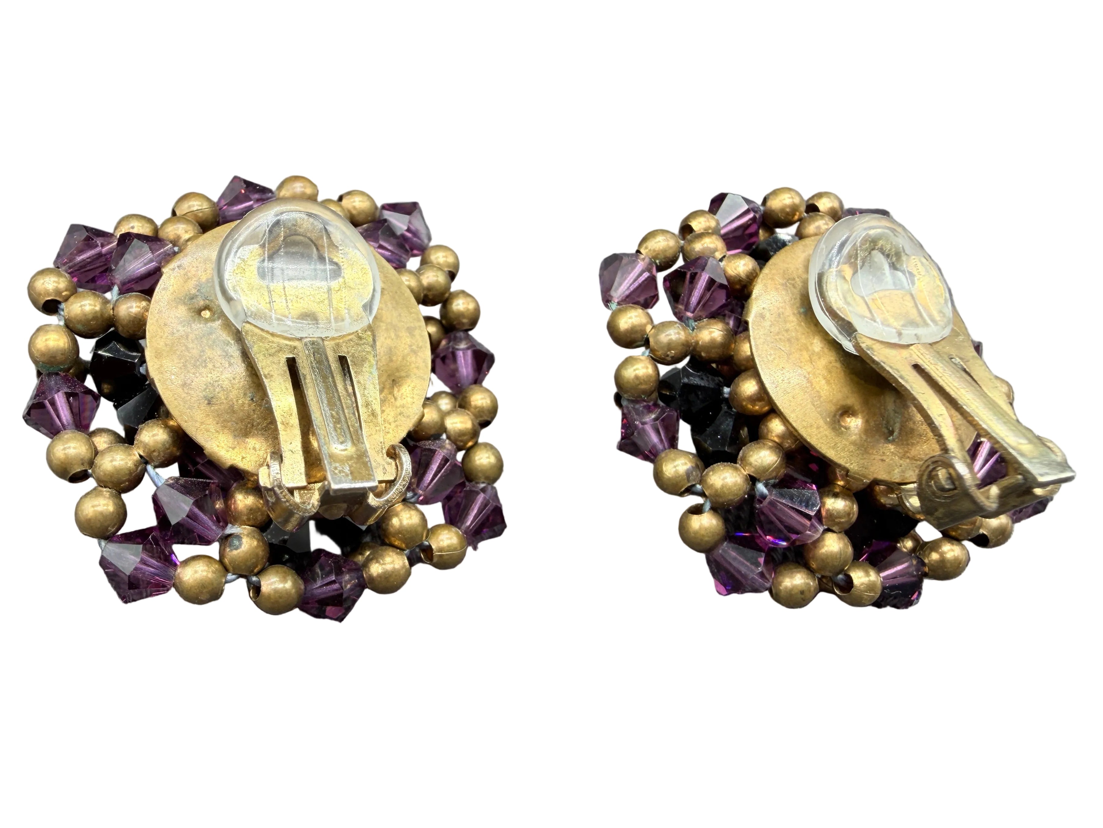 1950s Austrian Crystal & Brass Bead Woven Clip Earrings with Rhinestone Centers