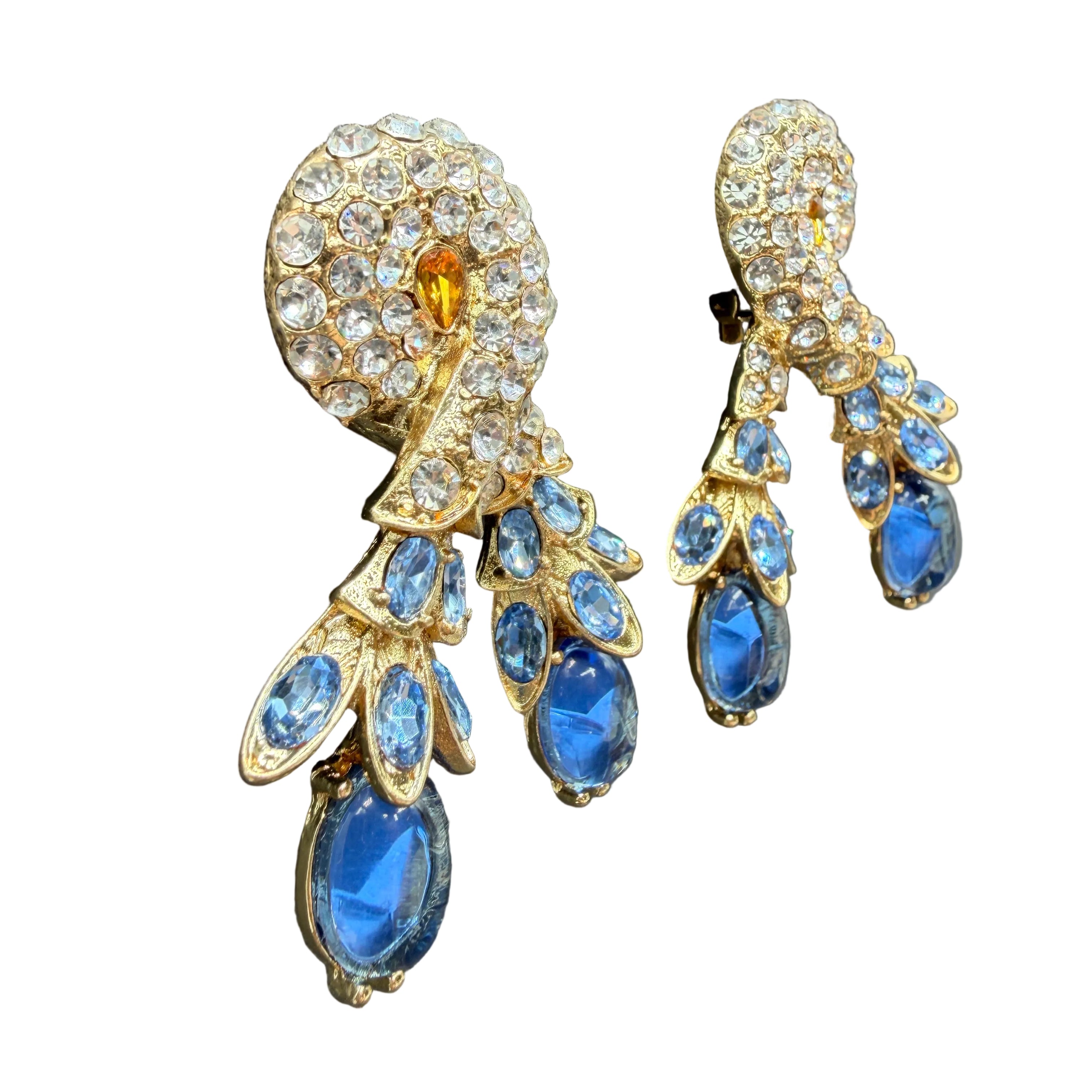 Rare Catwalk by Jon Gold-Tone Twisted Earrings with Crystal Leaves & Blue Glass Stones