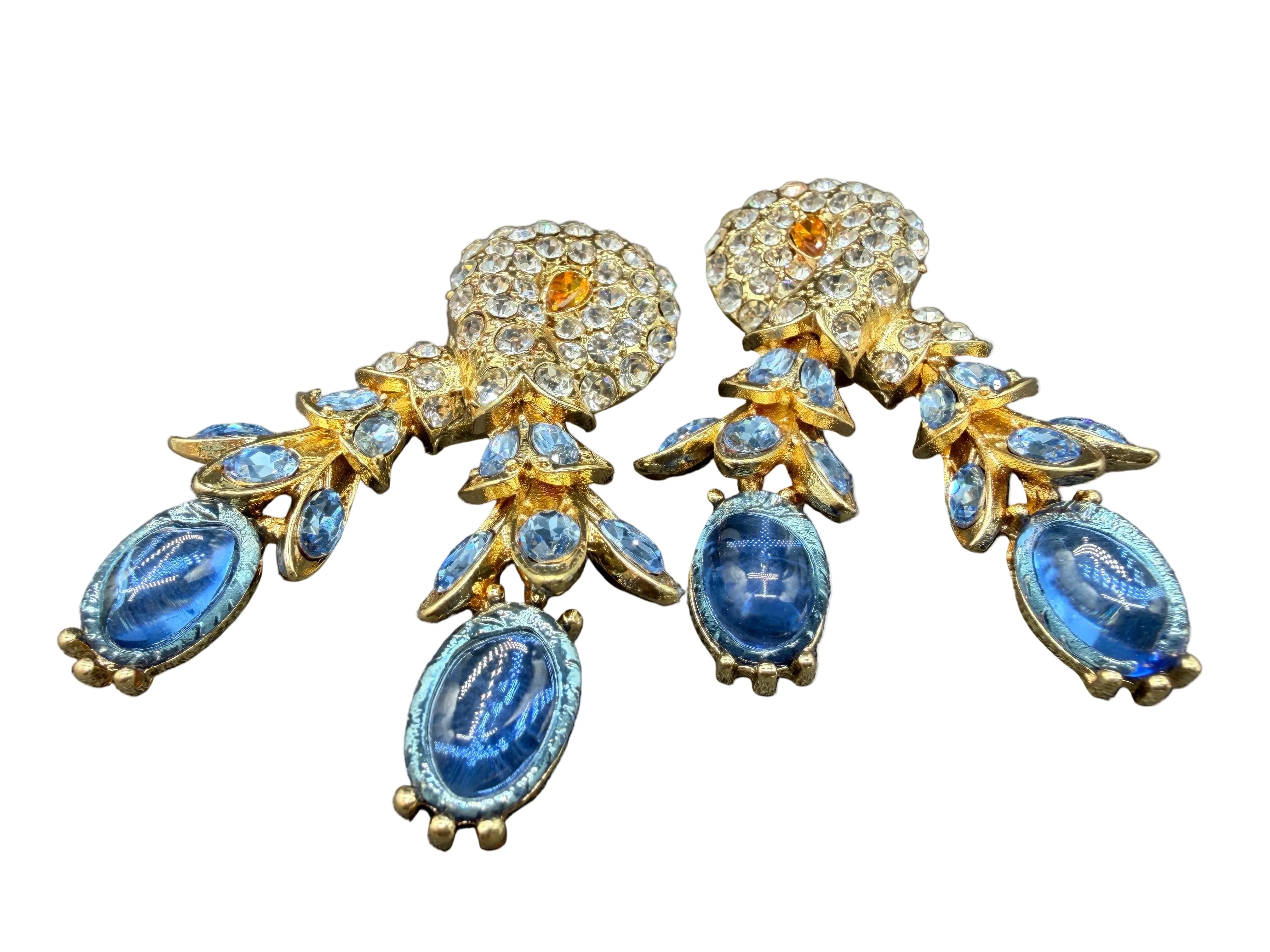Rare Catwalk by Jon Gold-Tone Twisted Earrings with Crystal Leaves & Blue Glass Stones