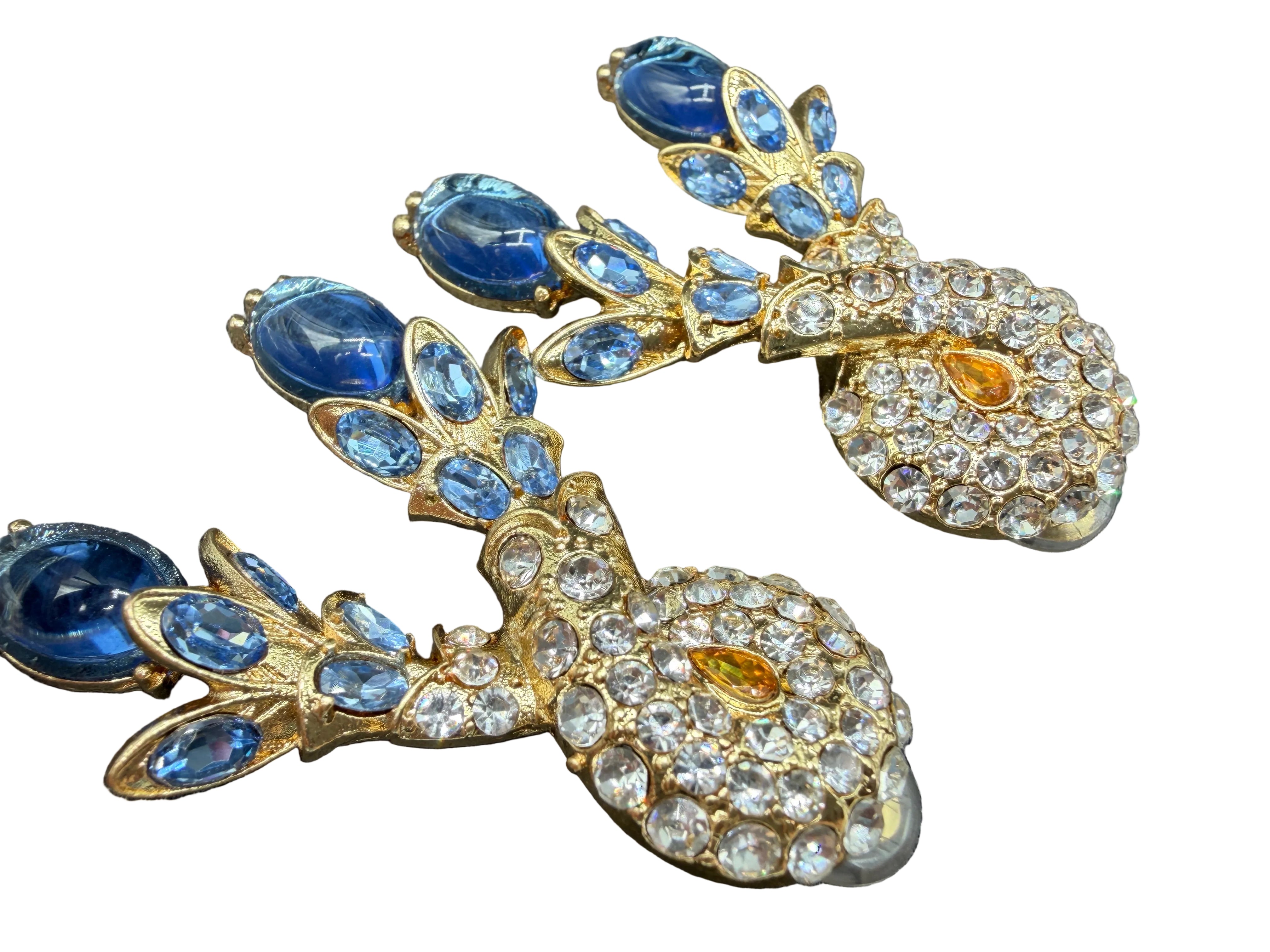 Rare Catwalk by Jon Gold-Tone Twisted Earrings with Crystal Leaves & Blue Glass Stones