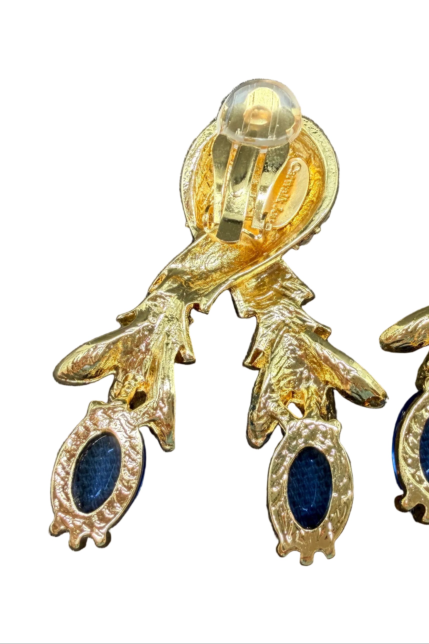 Rare Catwalk by Jon Gold-Tone Twisted Earrings with Crystal Leaves & Blue Glass Stones