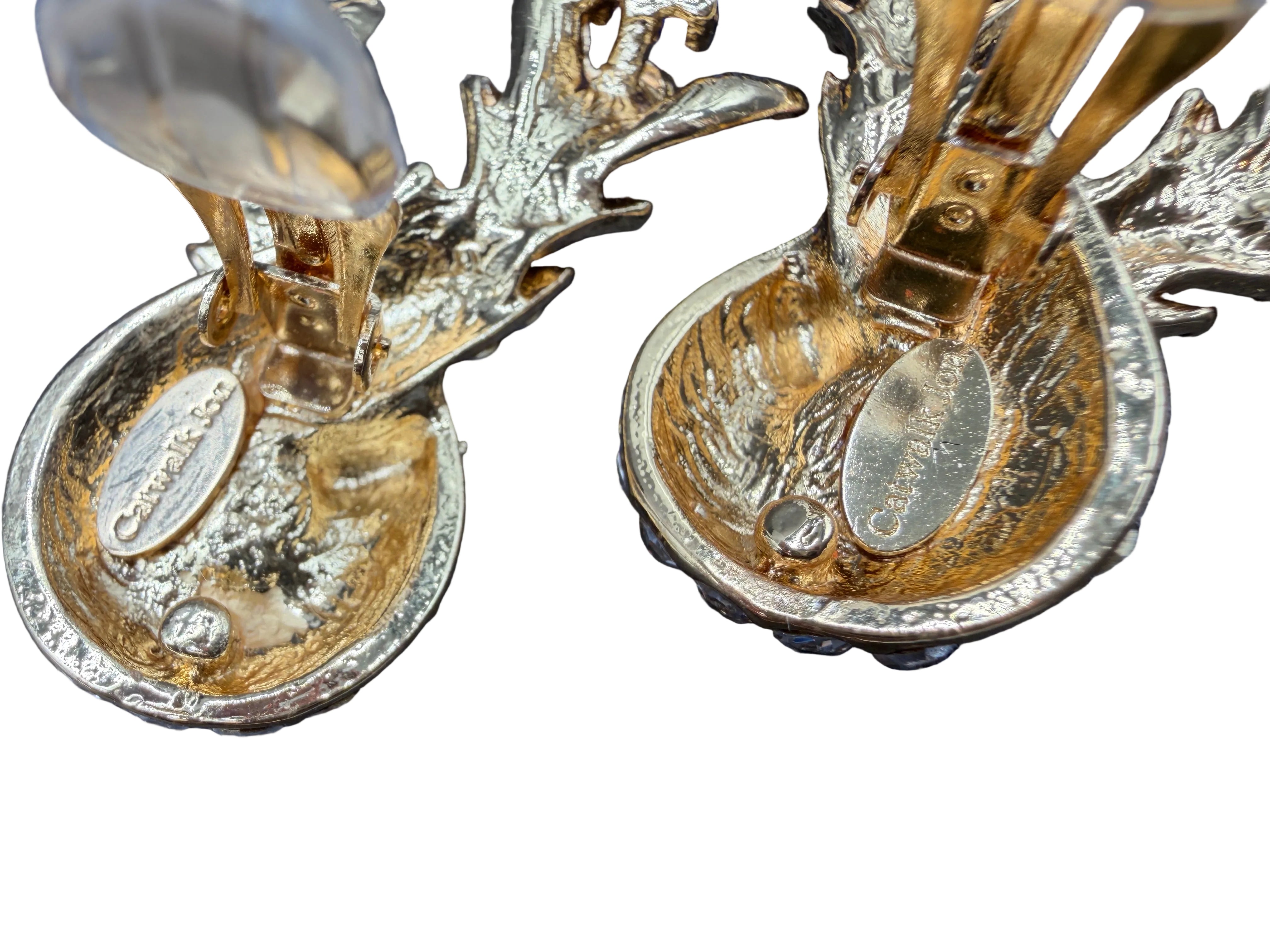 Rare Catwalk by Jon Gold-Tone Twisted Earrings with Crystal Leaves & Blue Glass Stones