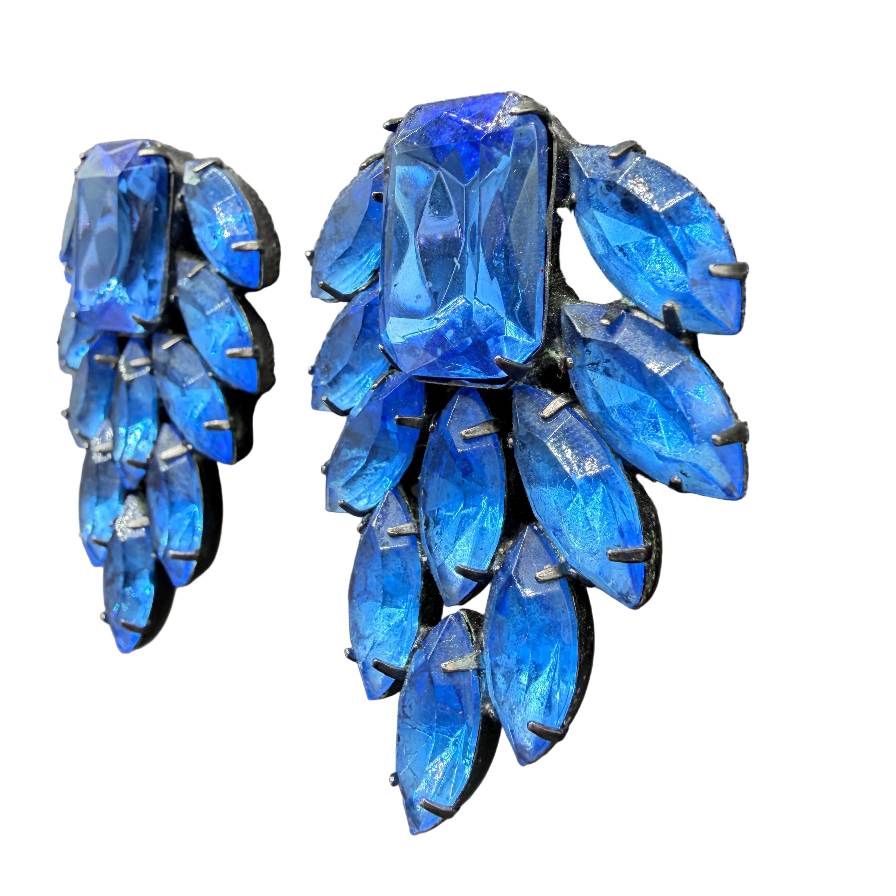 1980s Thelma Deutsch Cobalt Blue Rhinestone Statement Clip Earrings