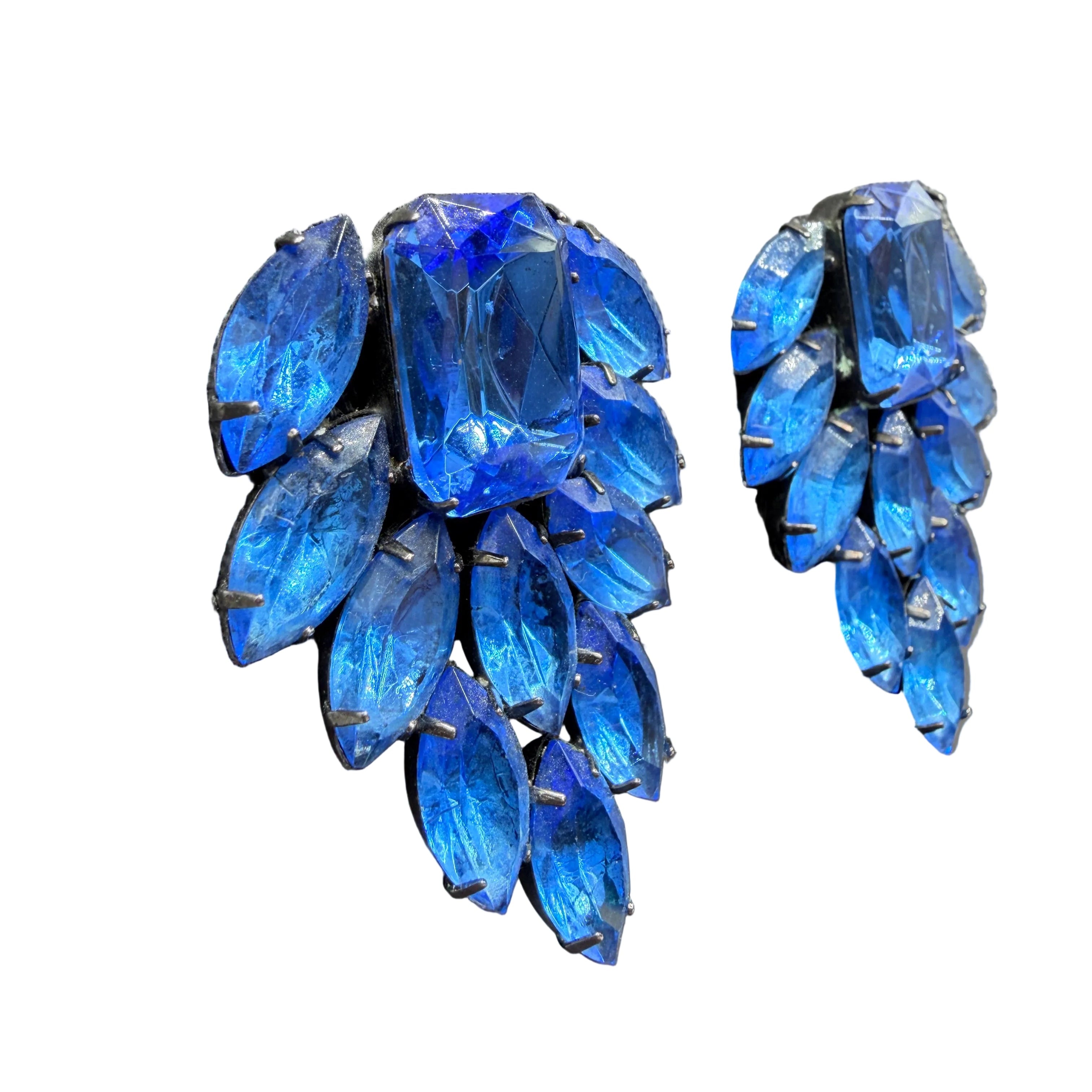 1980s Thelma Deutsch Cobalt Blue Rhinestone Statement Clip Earrings