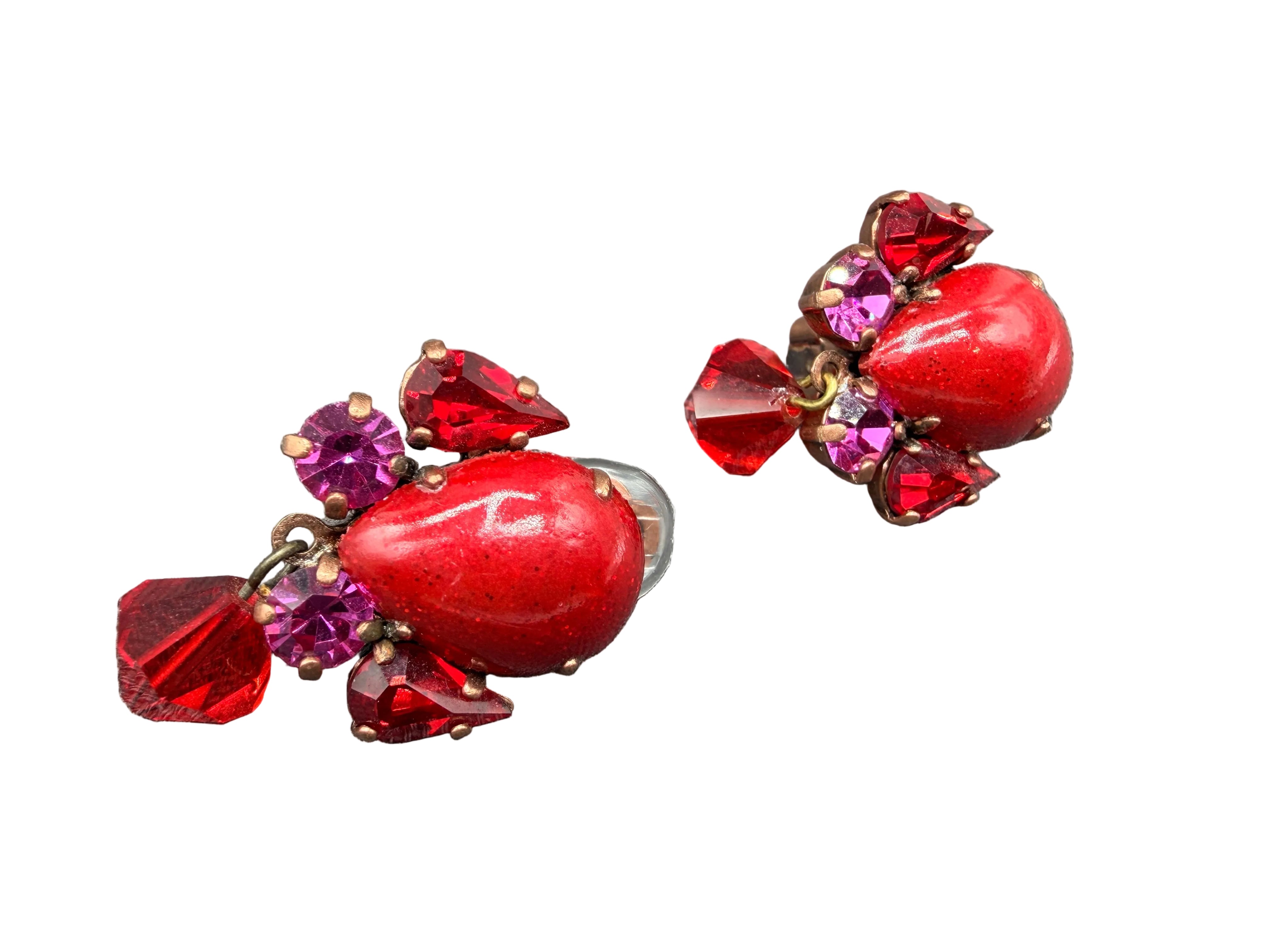 1980s Thelma Deutsch Paris Clip-On Earrings with Red Glitter & Rhinestones