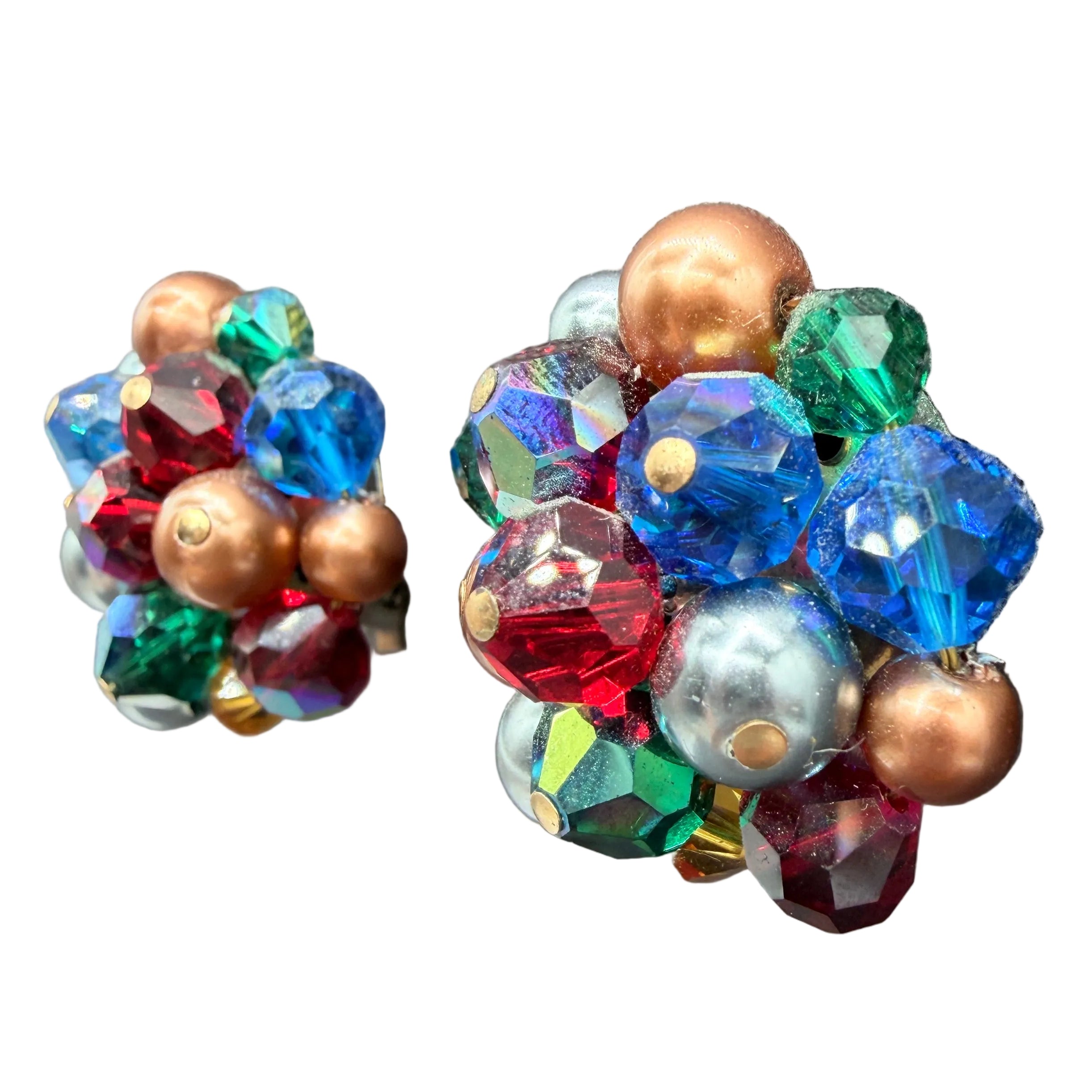 1950s Laguna Cluster Clip Earrings with Austrian Crystals & Jewel-Tone Glass Beads