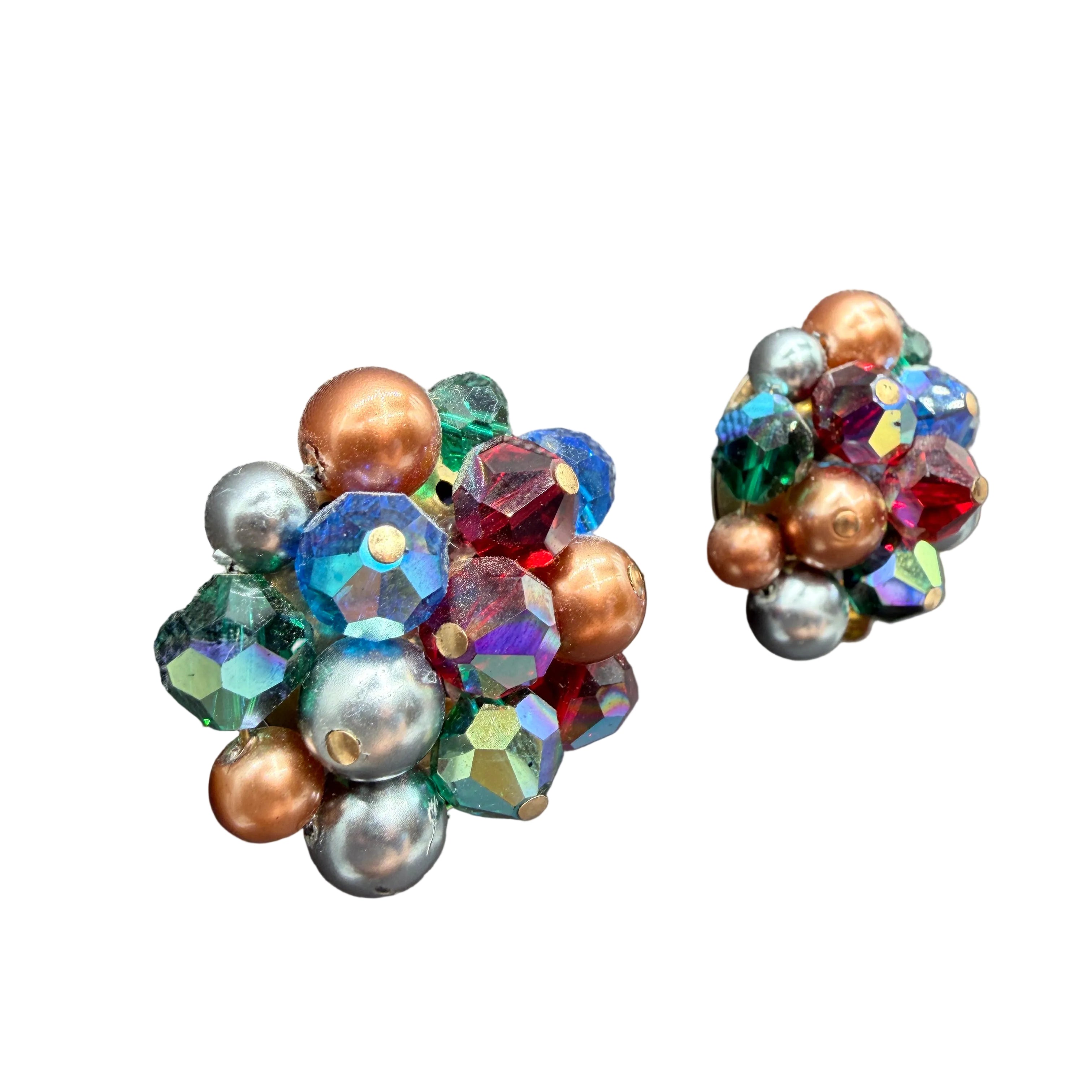 1950s Laguna Cluster Clip Earrings with Austrian Crystals & Jewel-Tone Glass Beads