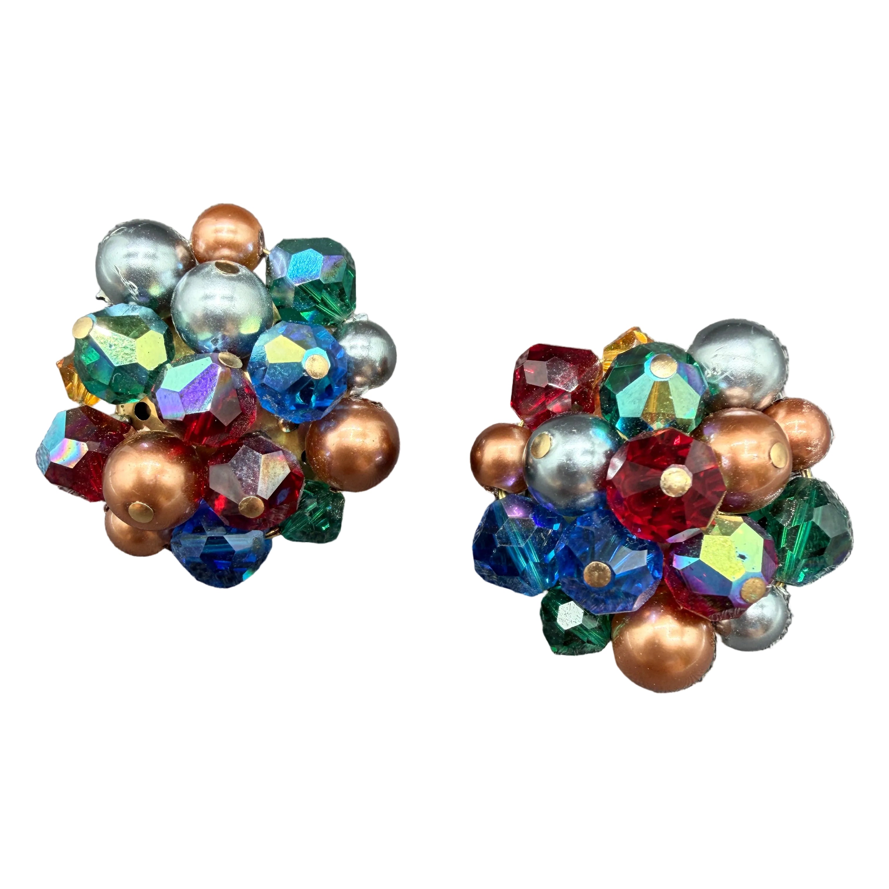 1950s Laguna Cluster Clip Earrings with Austrian Crystals & Jewel-Tone Glass Beads
