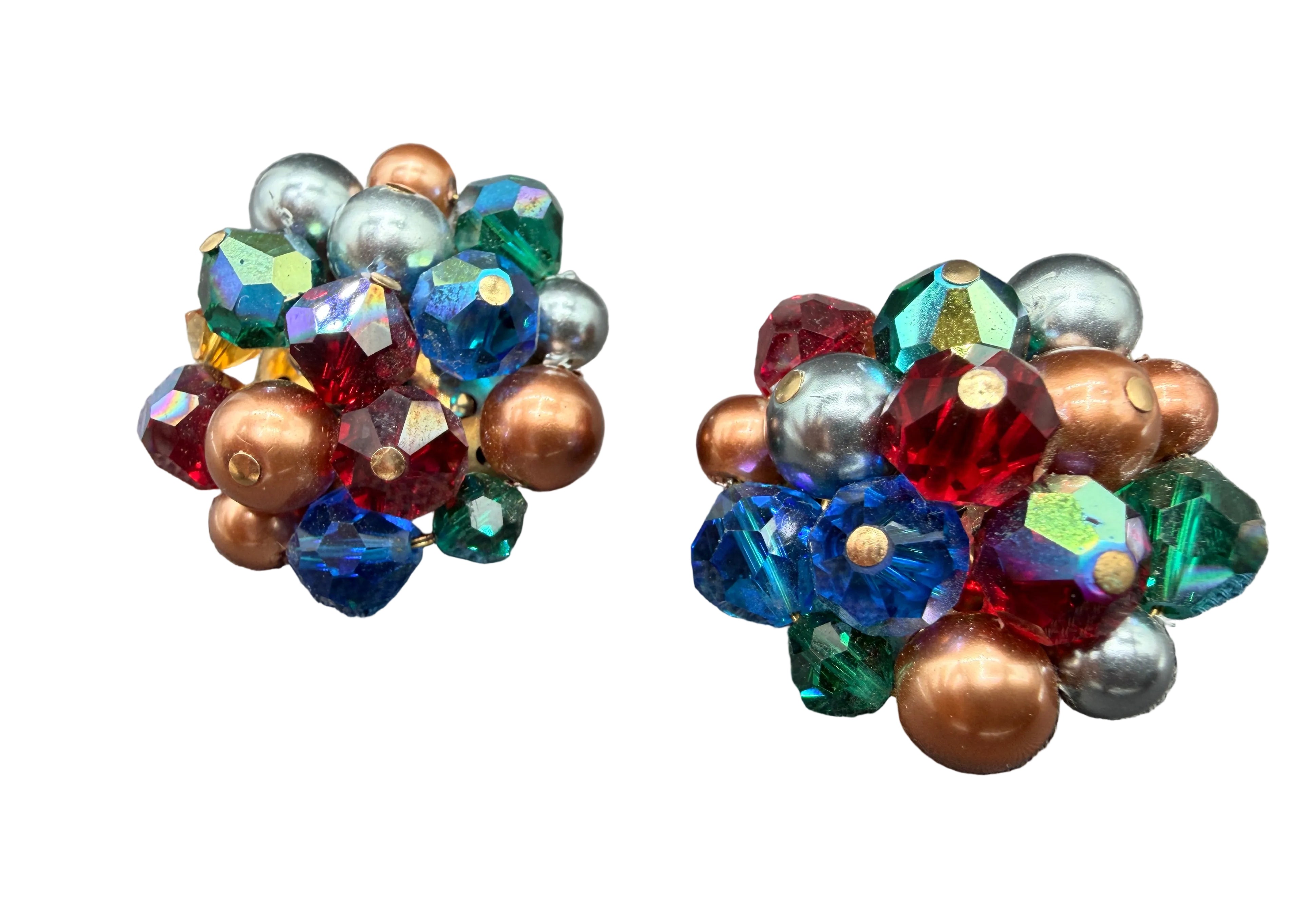 1950s Laguna Cluster Clip Earrings with Austrian Crystals & Jewel-Tone Glass Beads