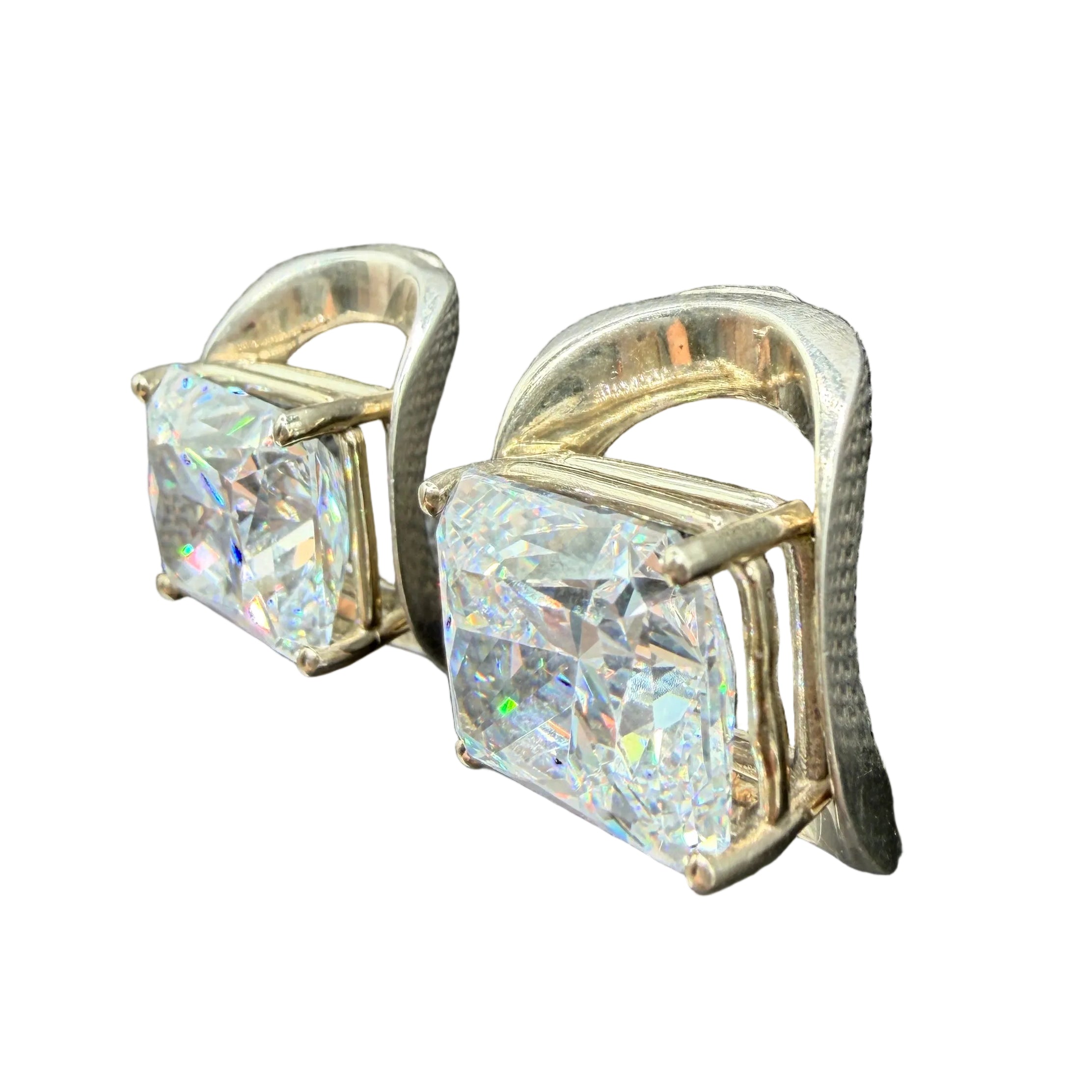 1980s Sterling Silver Concave Open Arch Clip Earrings with Princess-Cut Moissanite