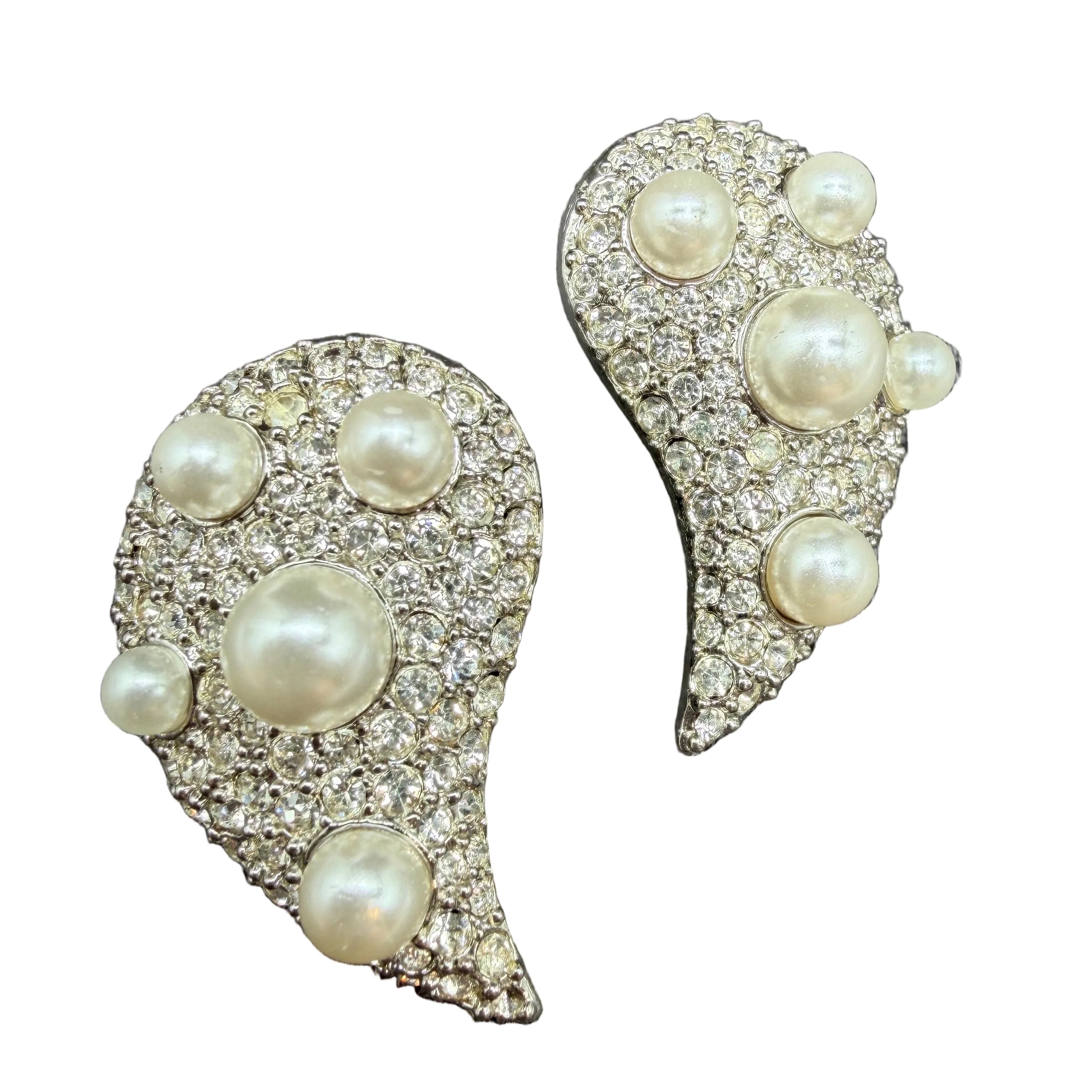 1980s Silver-Tone Paisley Clip Earrings with Rhinestones & Faux Pearls