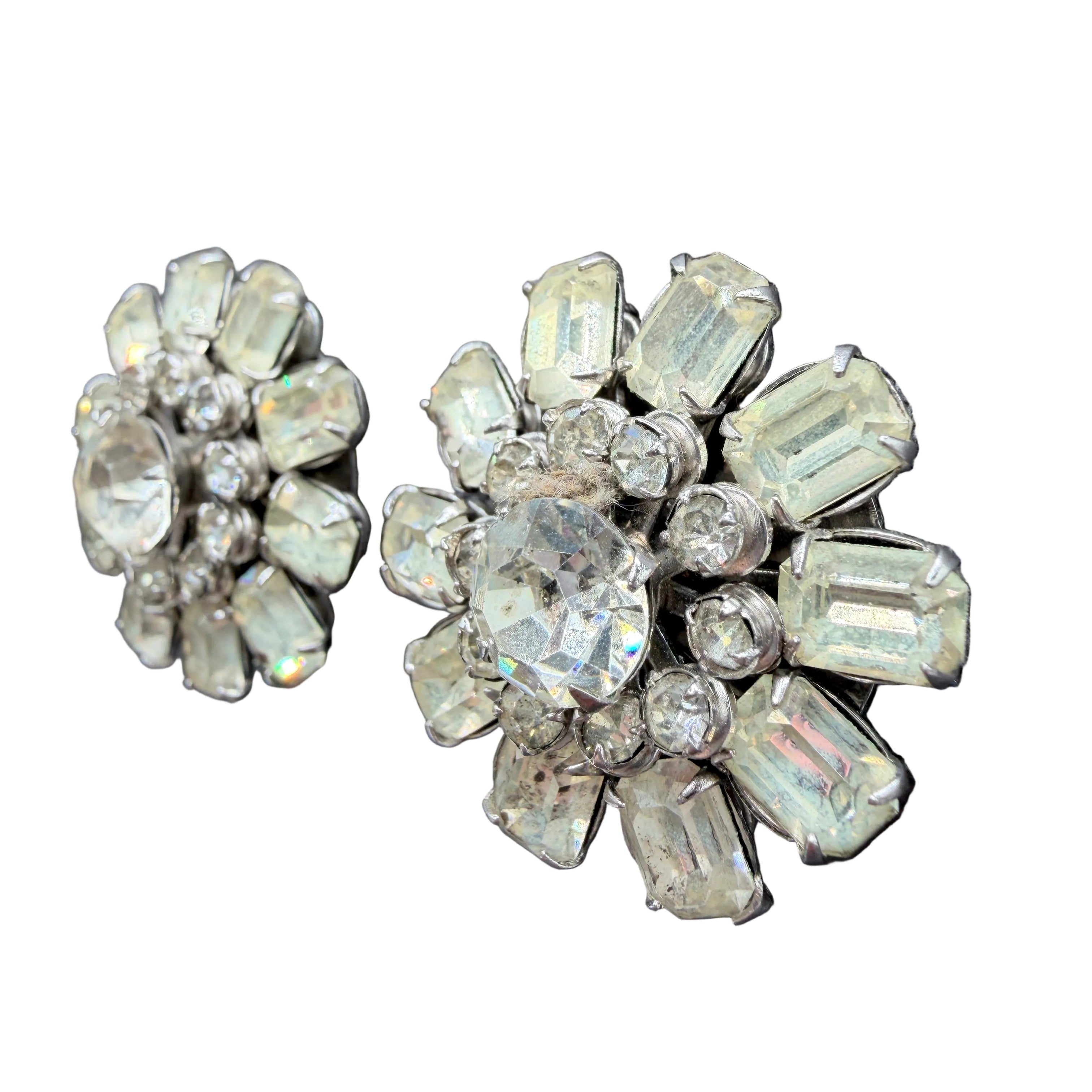 1950s Silver-Tone Starburst Clip Earrings with Austrian Crystal Studs