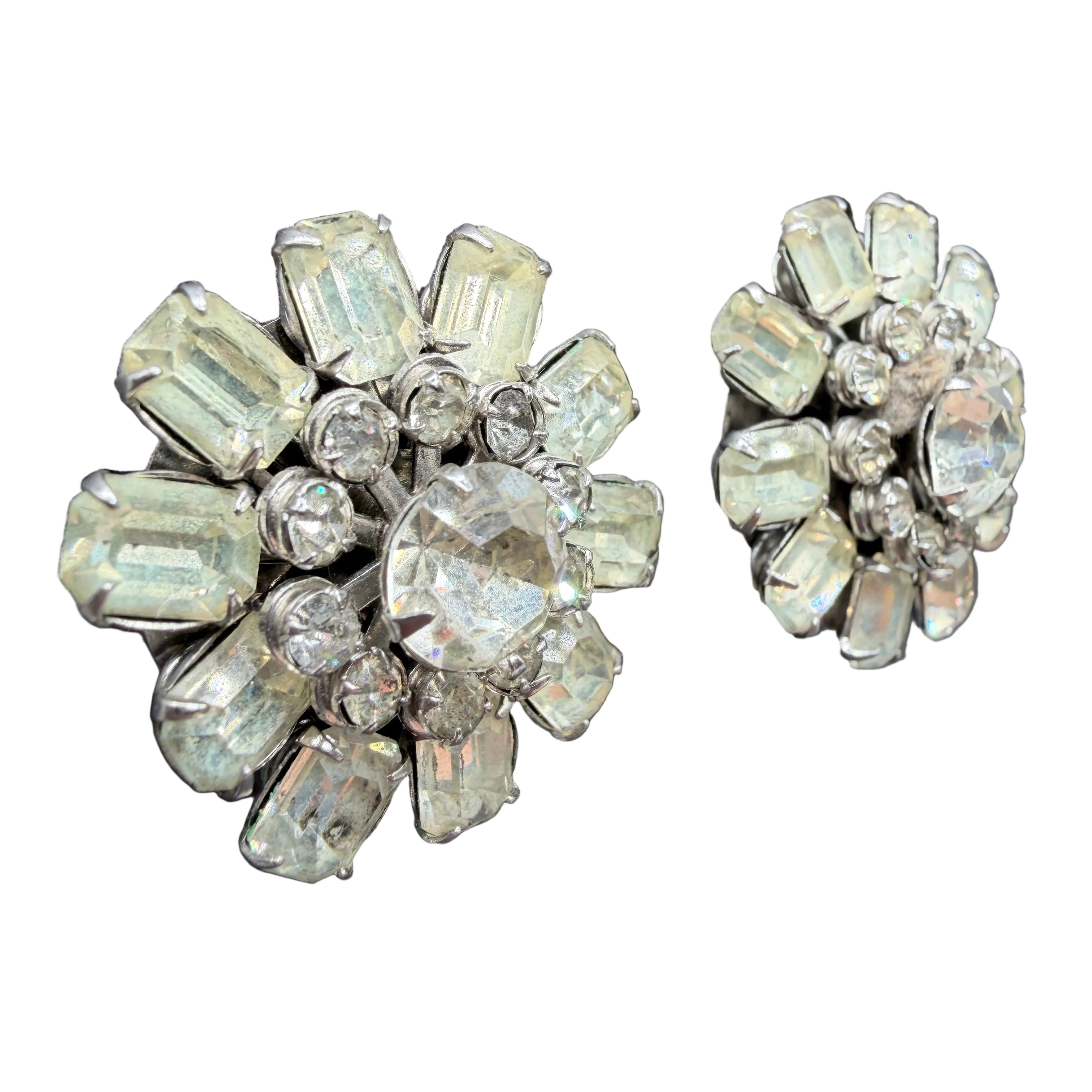 1950s Silver-Tone Starburst Clip Earrings with Austrian Crystal Studs