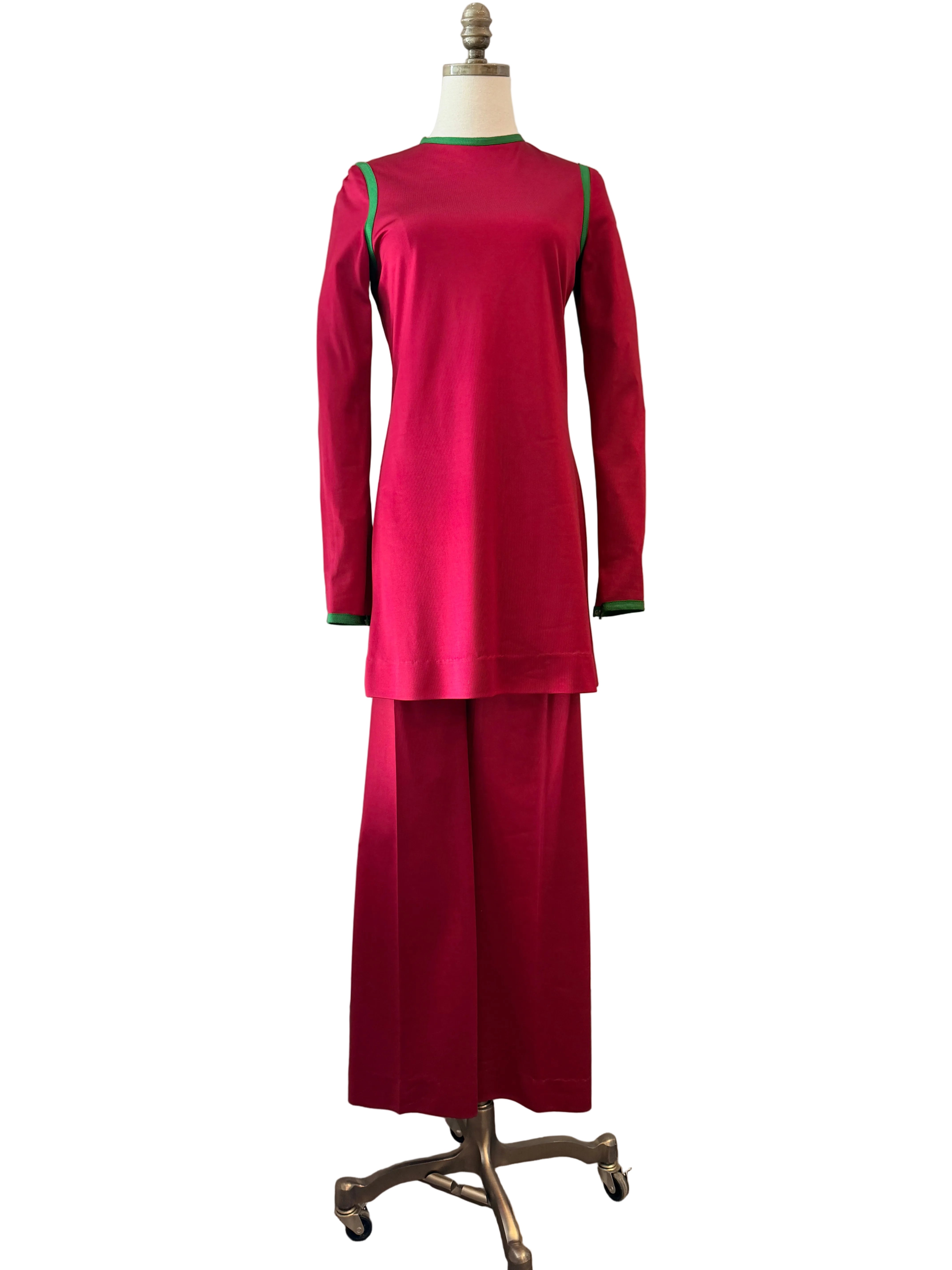 1960s Michael Mott for Paraphernalia Red Two-Piece Tunic & Pant Set with Green Piping