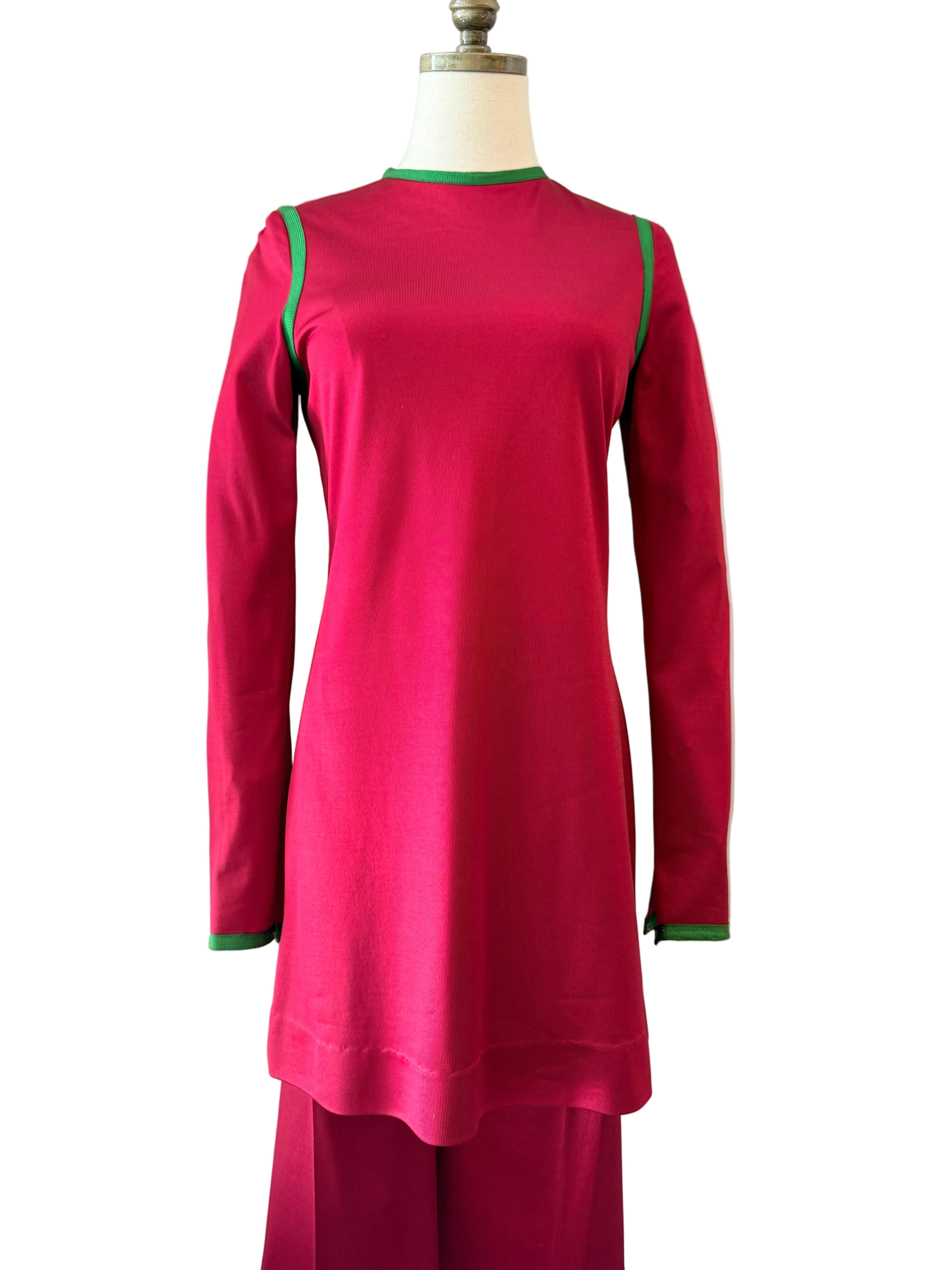 1960s Michael Mott for Paraphernalia Red Two-Piece Tunic & Pant Set with Green Piping