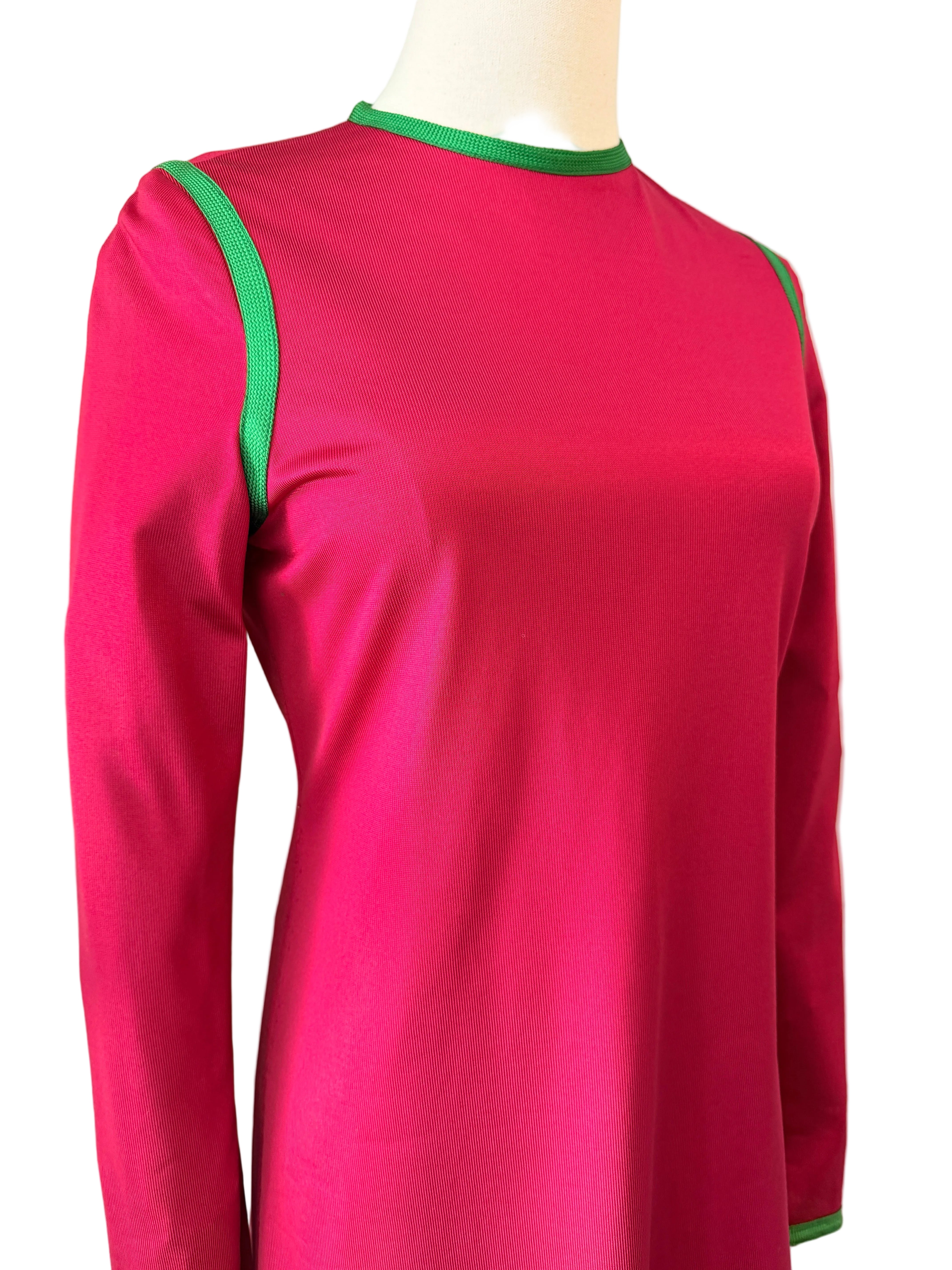 1960s Michael Mott for Paraphernalia Red Two-Piece Tunic & Pant Set with Green Piping