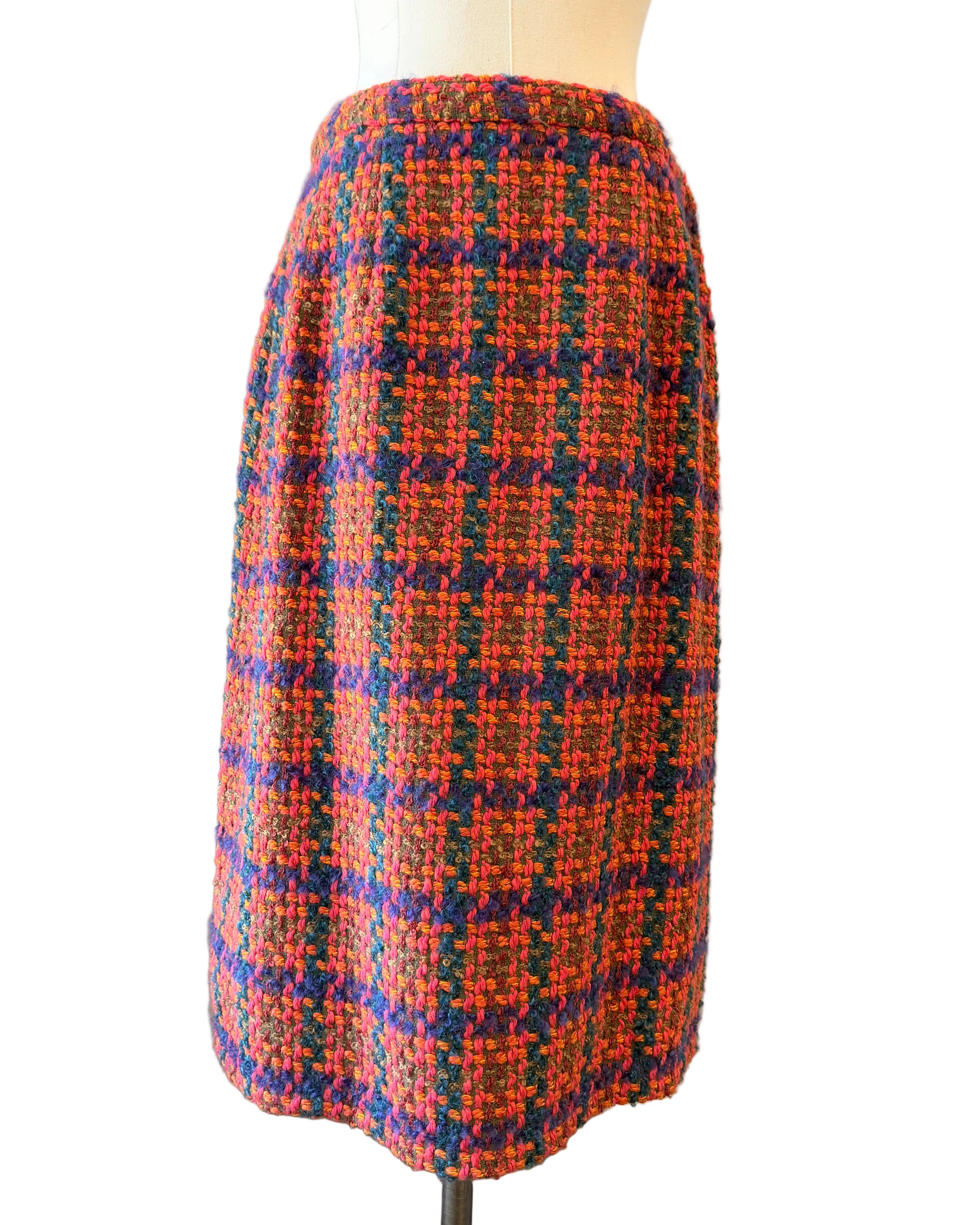 1960s Orange Tweed Two-Piece Skirt Suit in Pink, Orange & Purple