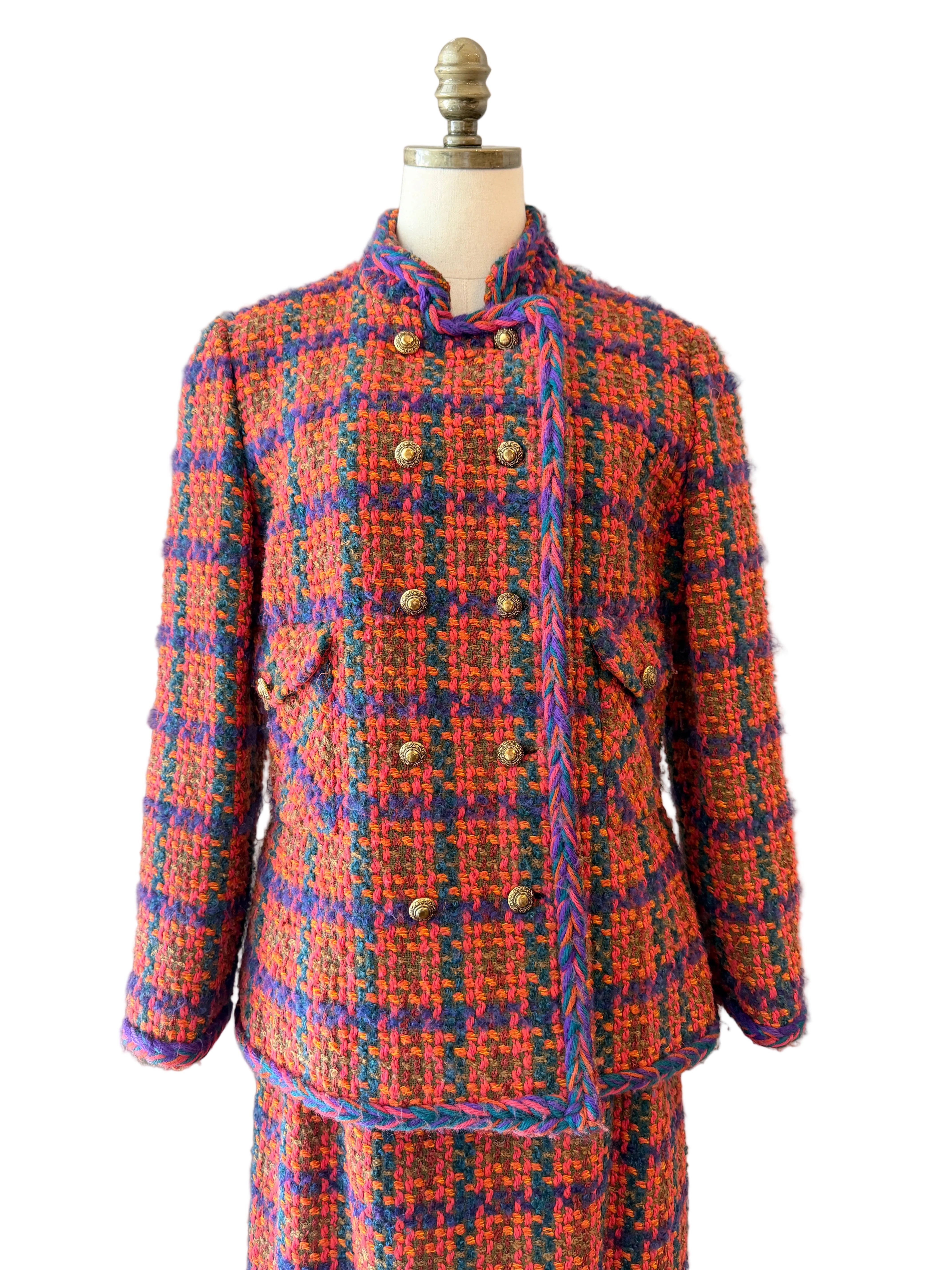 1960s Orange Tweed Two-Piece Skirt Suit in Pink, Orange & Purple
