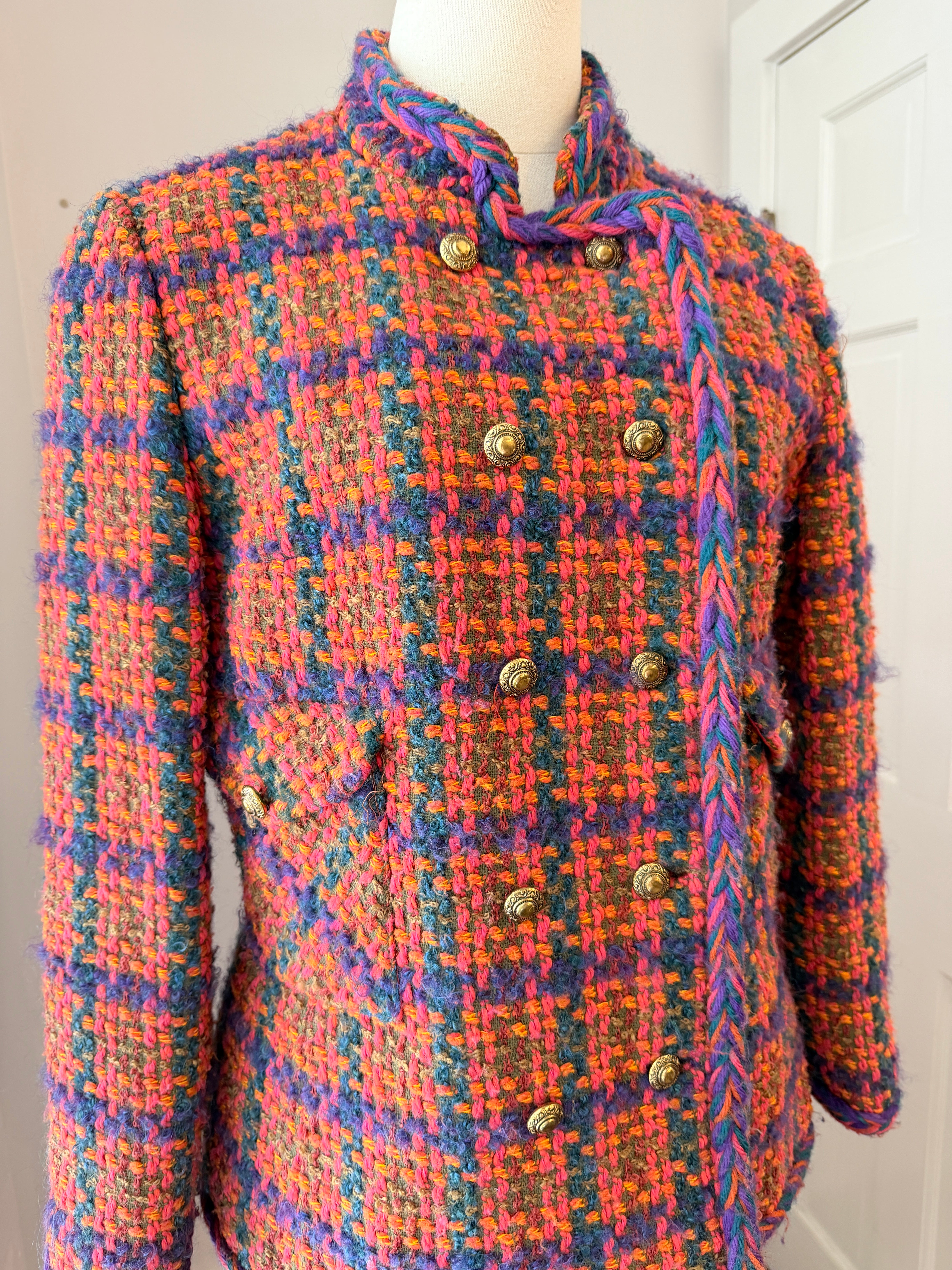 1960s Orange Tweed Two-Piece Skirt Suit in Pink, Orange & Purple