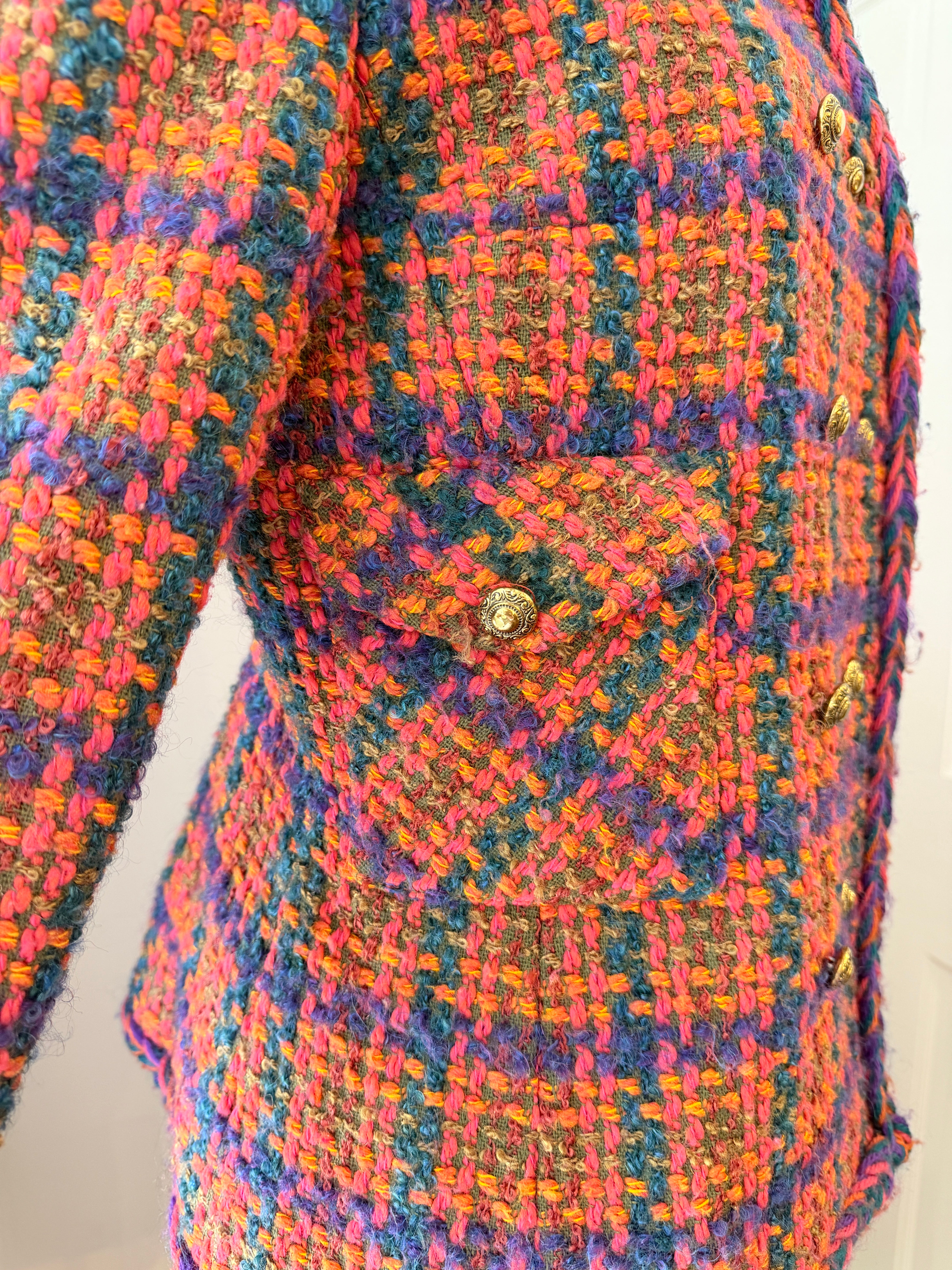 1960s Orange Tweed Two-Piece Skirt Suit in Pink, Orange & Purple