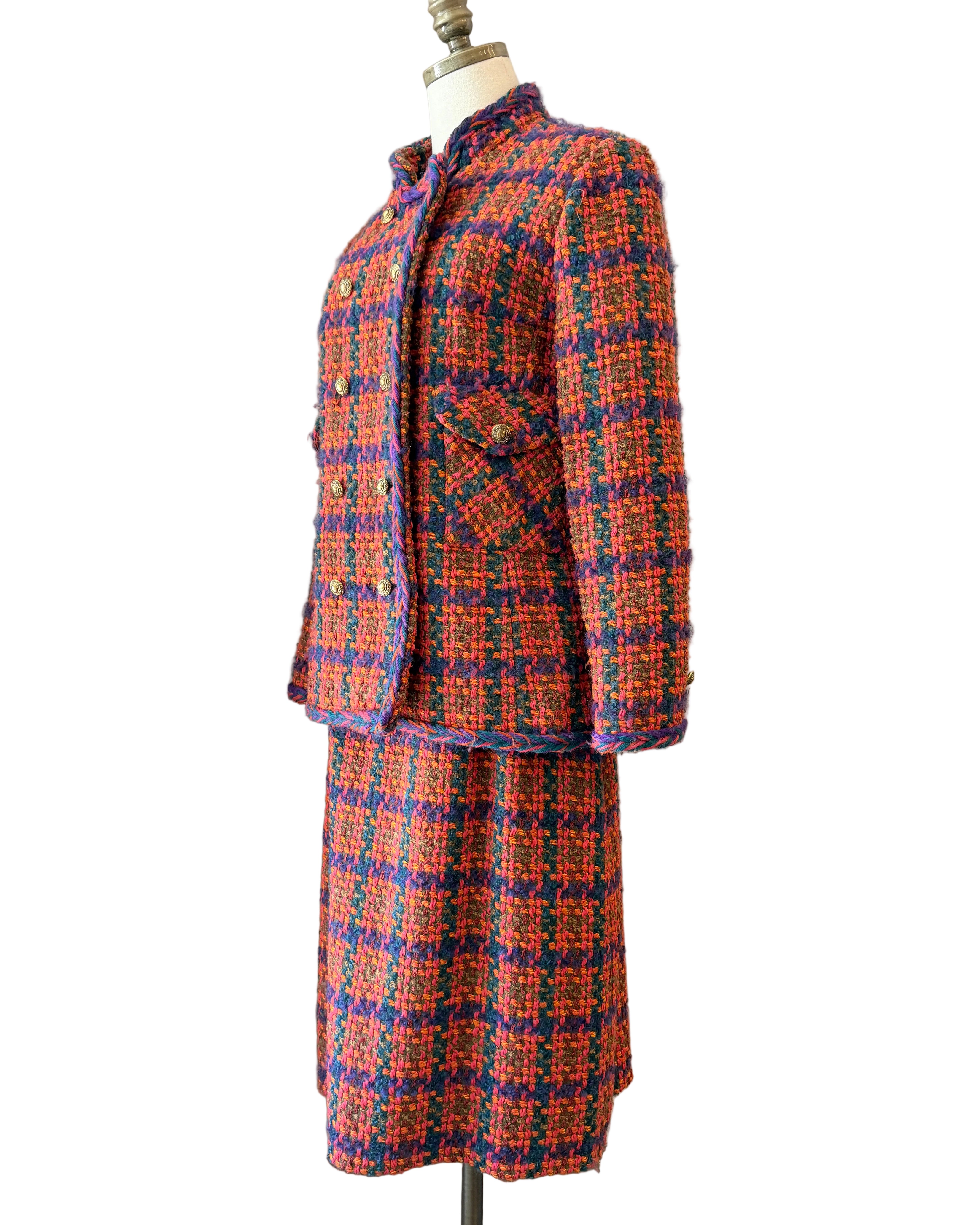 1960s Orange Tweed Two-Piece Skirt Suit in Pink, Orange & Purple