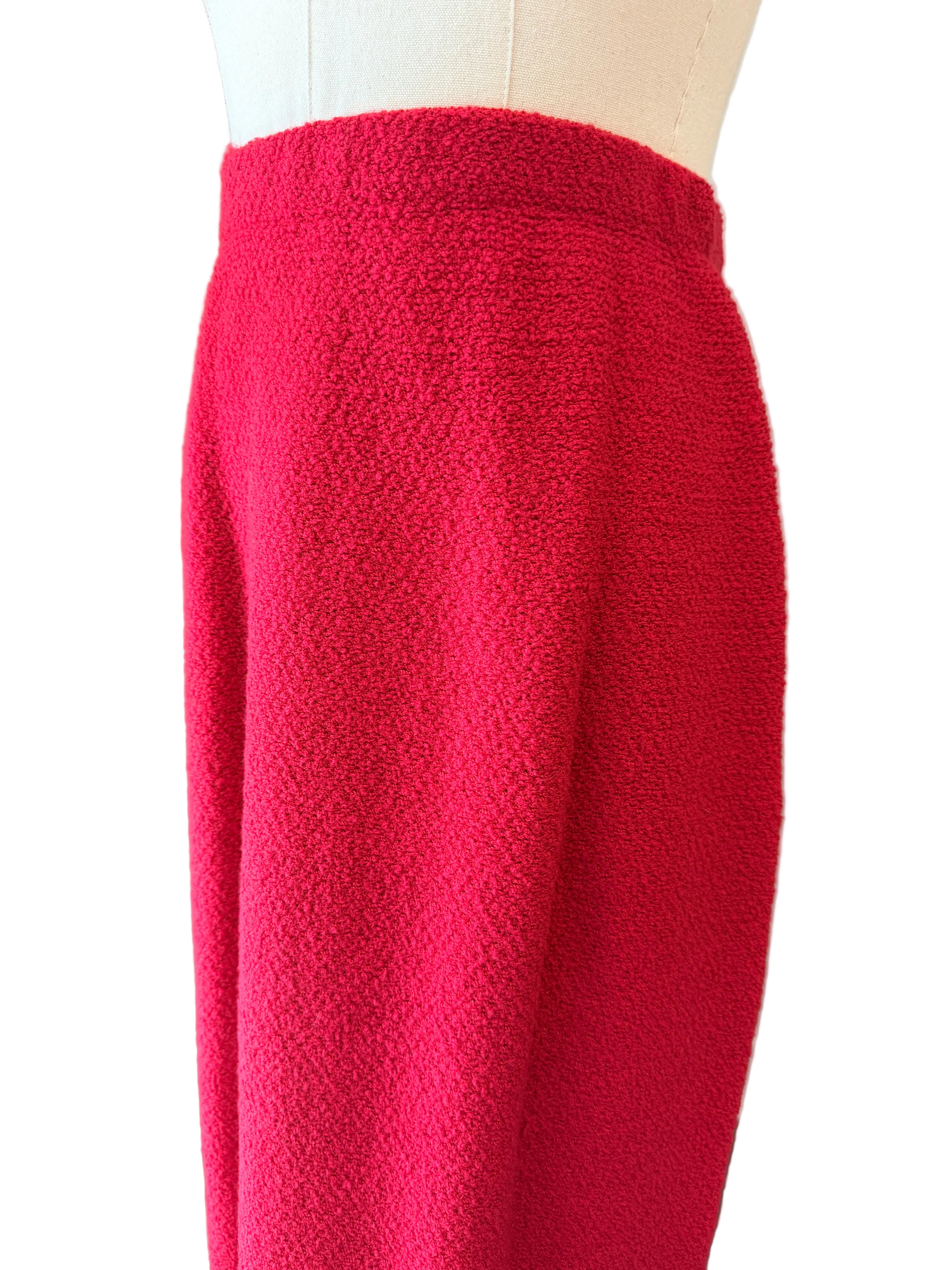 1960s Adolfo Red Knit Skirt Suit with Silk Banded Collar, Bow Cuffs & Gold/Pearl Buttons