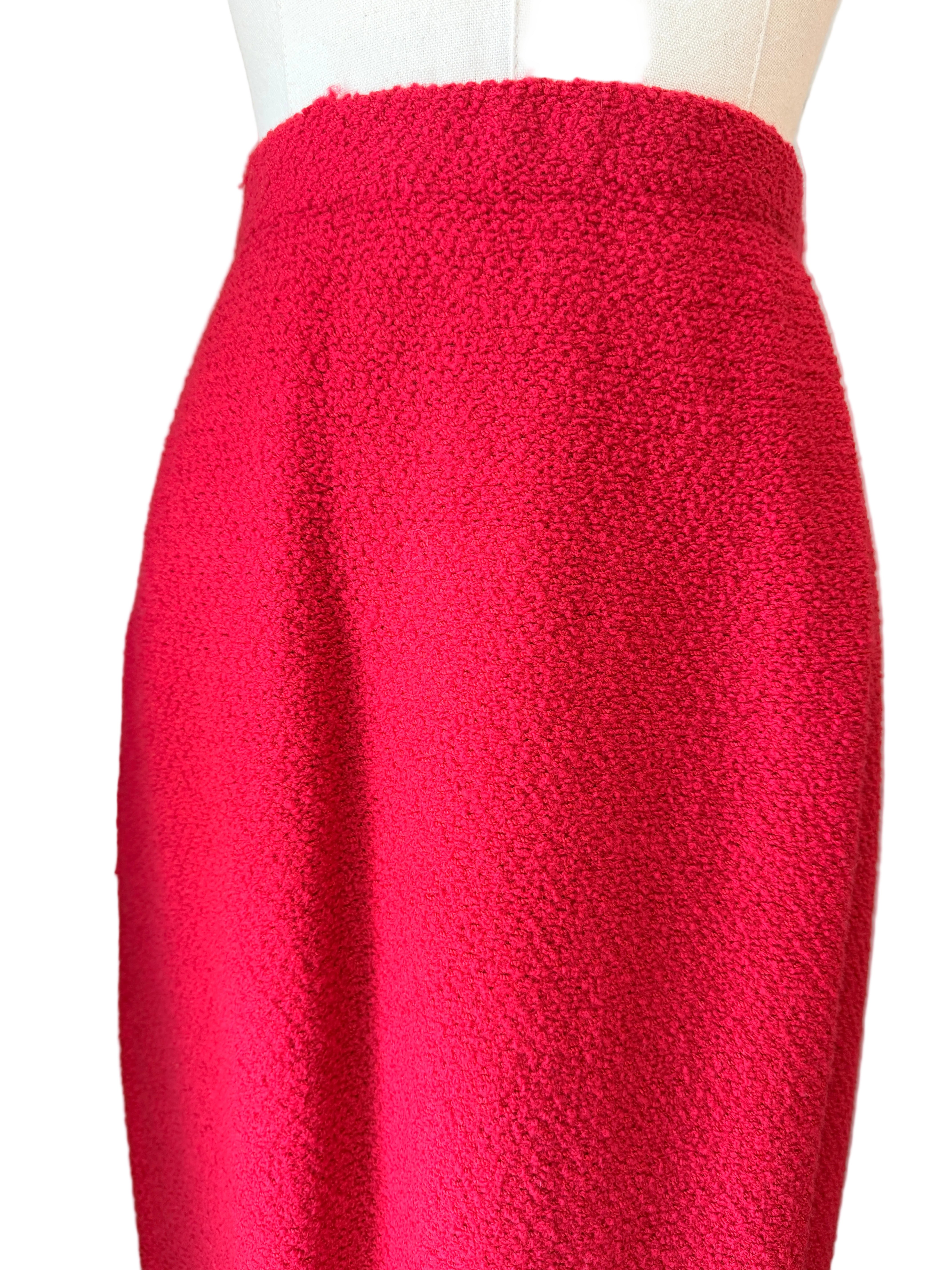 1960s Adolfo Red Knit Skirt Suit with Silk Banded Collar, Bow Cuffs & Gold/Pearl Buttons