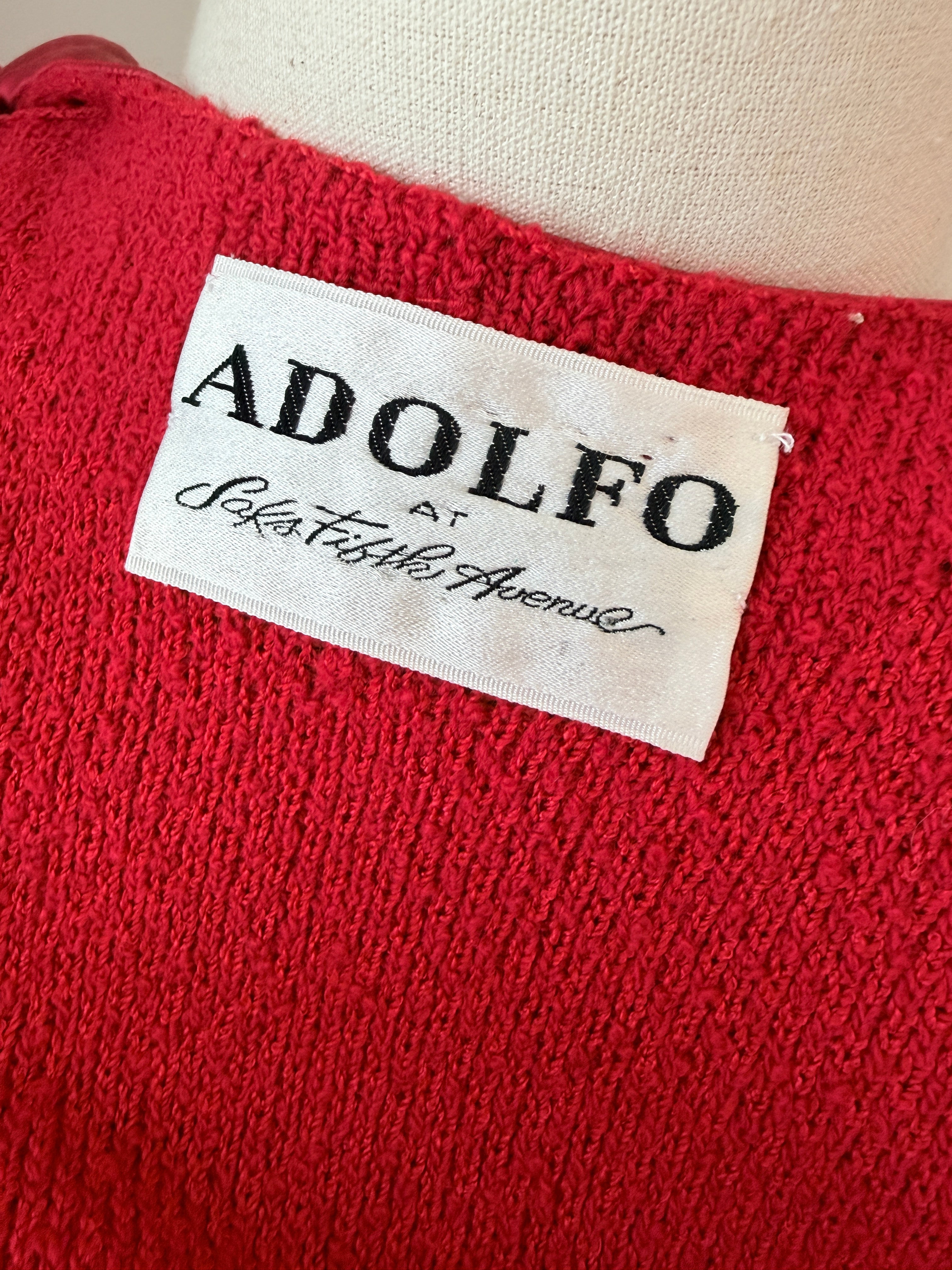 1960s Adolfo Red Knit Skirt Suit with Silk Banded Collar, Bow Cuffs & Gold/Pearl Buttons