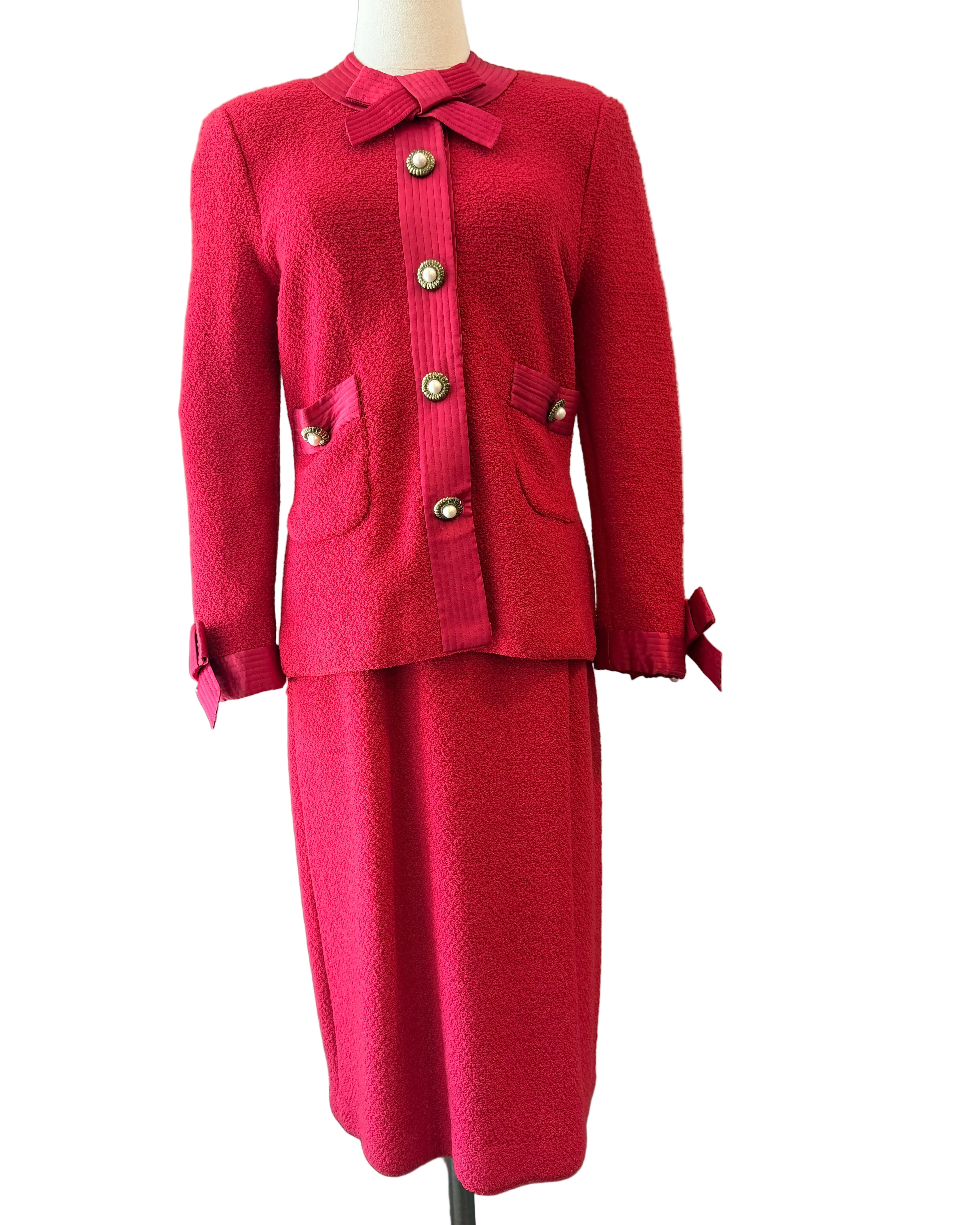 1960s Adolfo Red Knit Skirt Suit with Silk Banded Collar, Bow Cuffs & Gold/Pearl Buttons