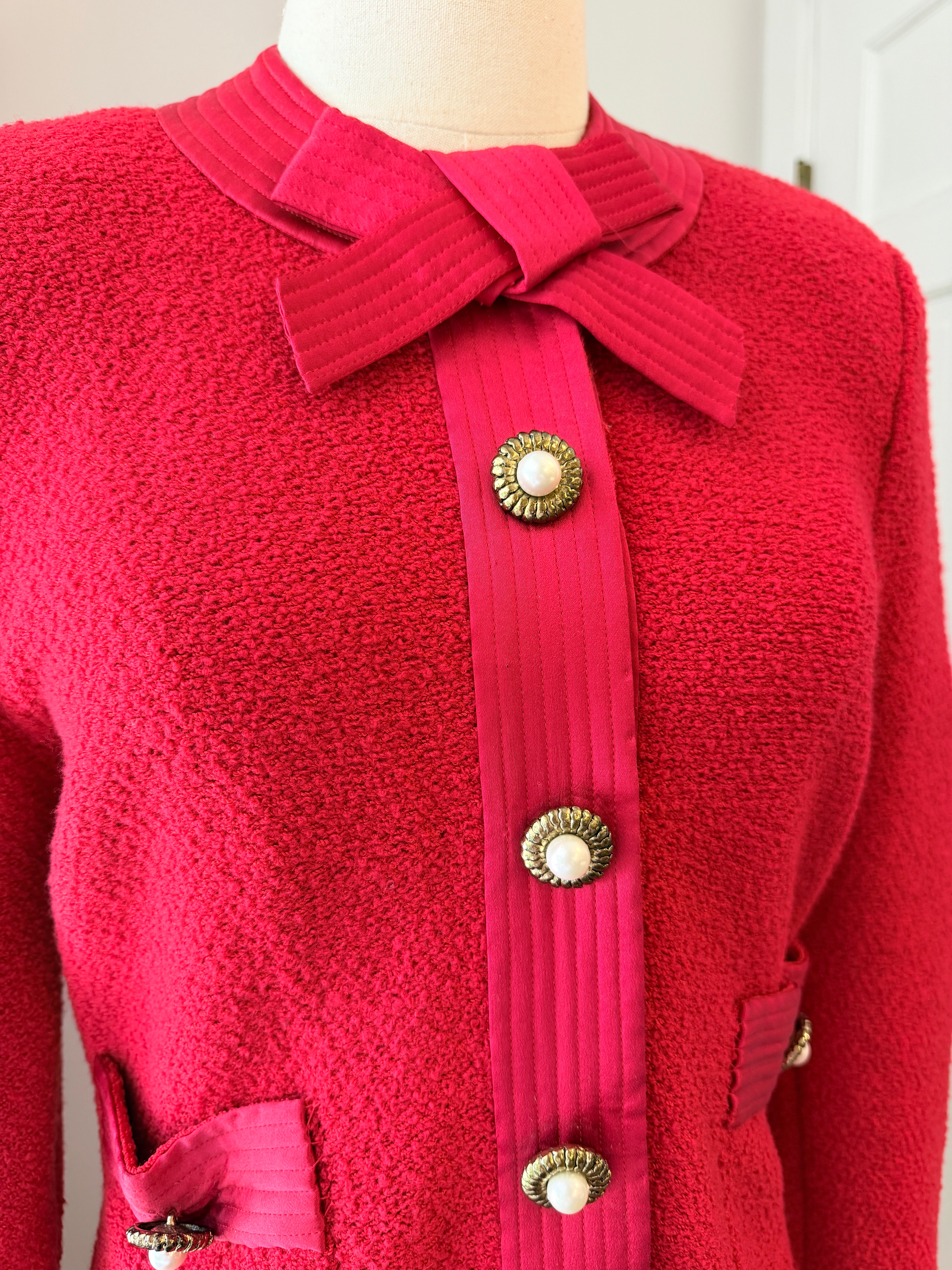 1960s Adolfo Red Knit Skirt Suit with Silk Banded Collar, Bow Cuffs & Gold/Pearl Buttons