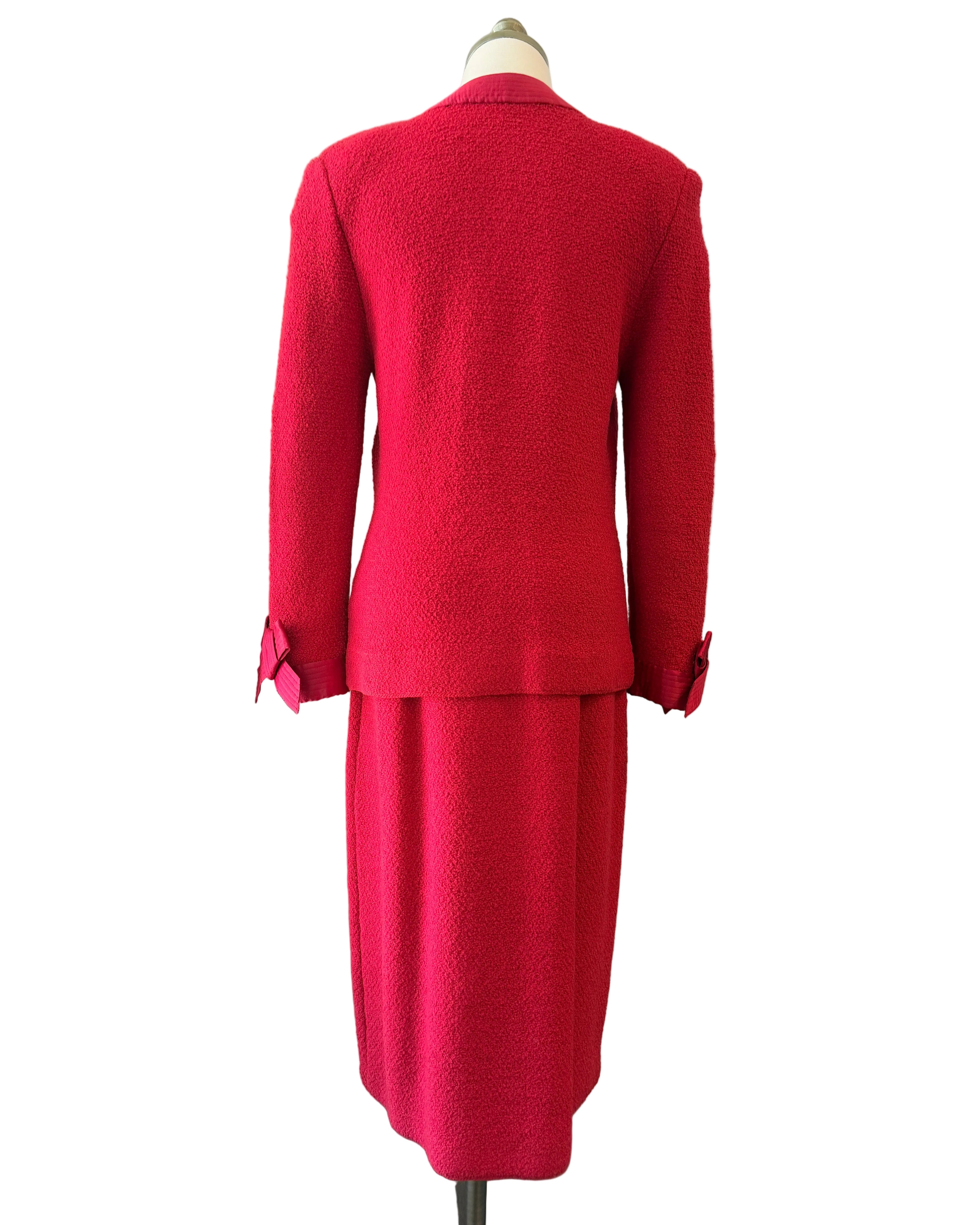 1960s Adolfo Red Knit Skirt Suit with Silk Banded Collar, Bow Cuffs & Gold/Pearl Buttons