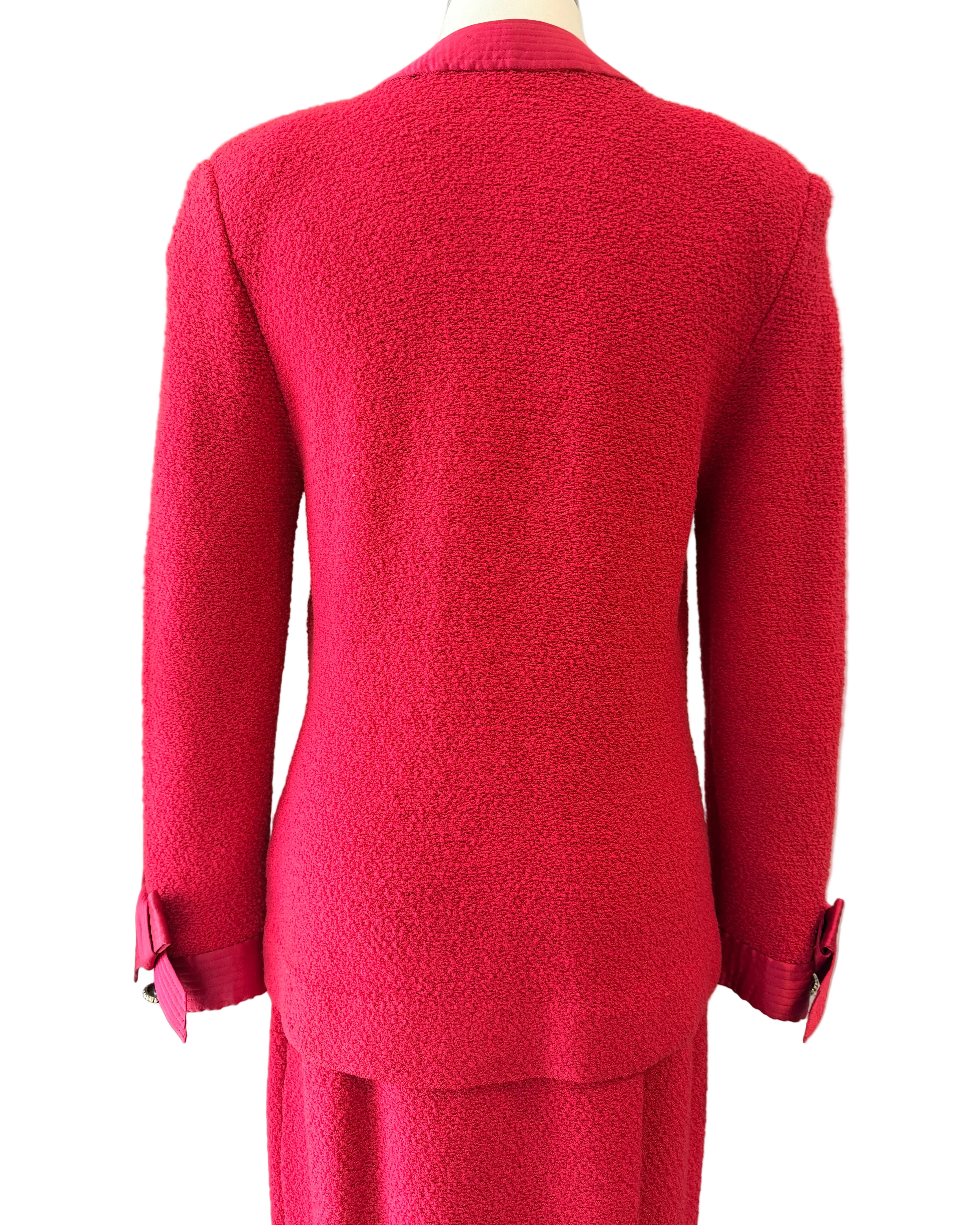 1960s Adolfo Red Knit Skirt Suit with Silk Banded Collar, Bow Cuffs & Gold/Pearl Buttons