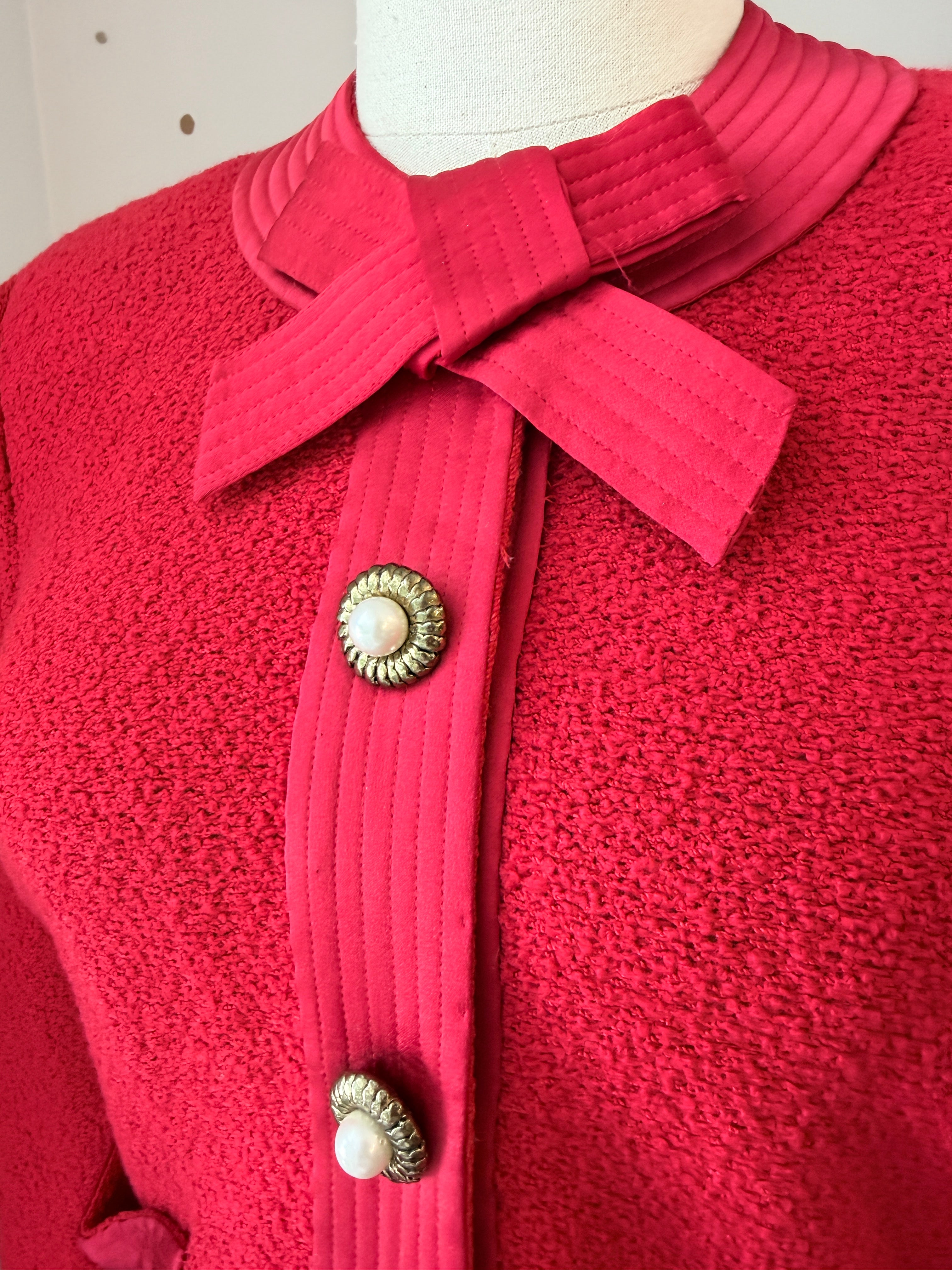 1960s Adolfo Red Knit Skirt Suit with Silk Banded Collar, Bow Cuffs & Gold/Pearl Buttons
